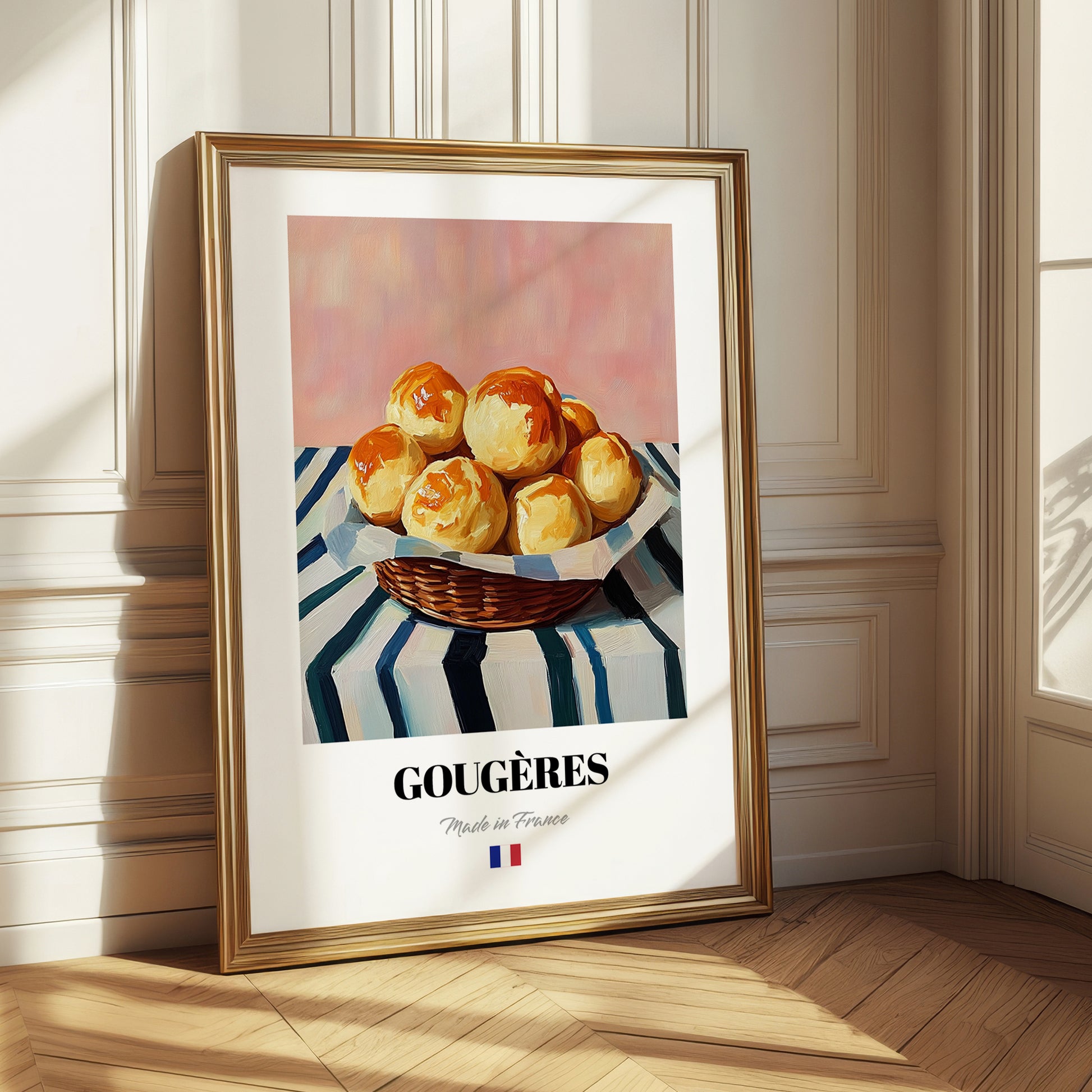 Gougères – on Striped Tablecloth, French French Pastry Still Life 