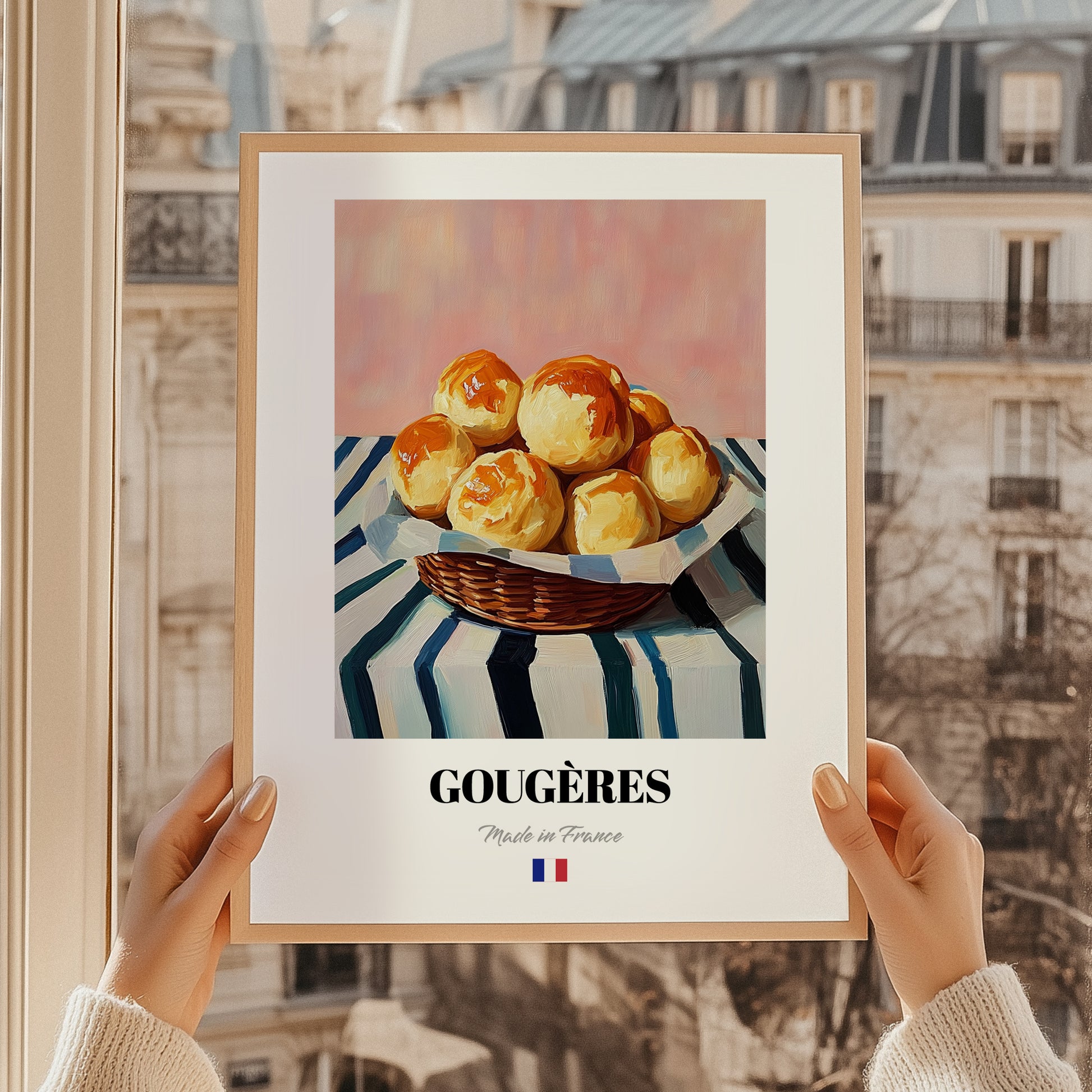 Gougères – on Striped Tablecloth, French French Pastry Still Life, styled in a charming Paris street view