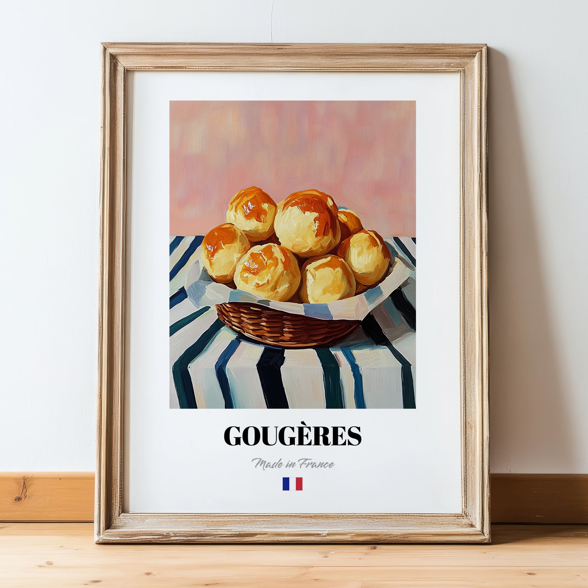 Gougères – on Striped Tablecloth, French French Pastry Still Life, in wooden frame leaning on the floor