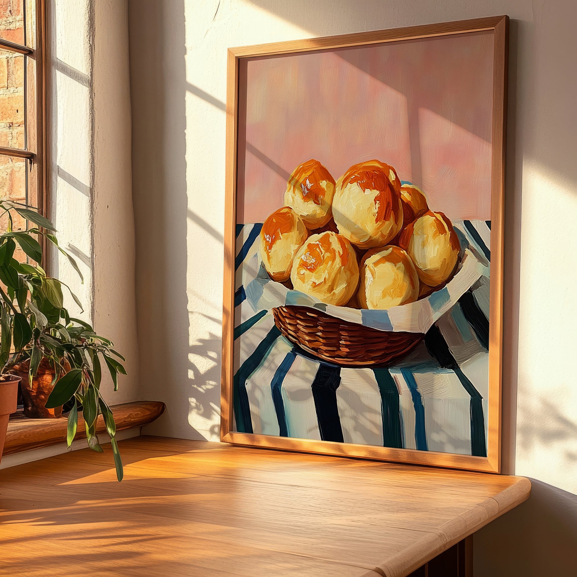 Gougères – on Striped Tablecloth, French French Pastry Still Life, clean layout with no caption
