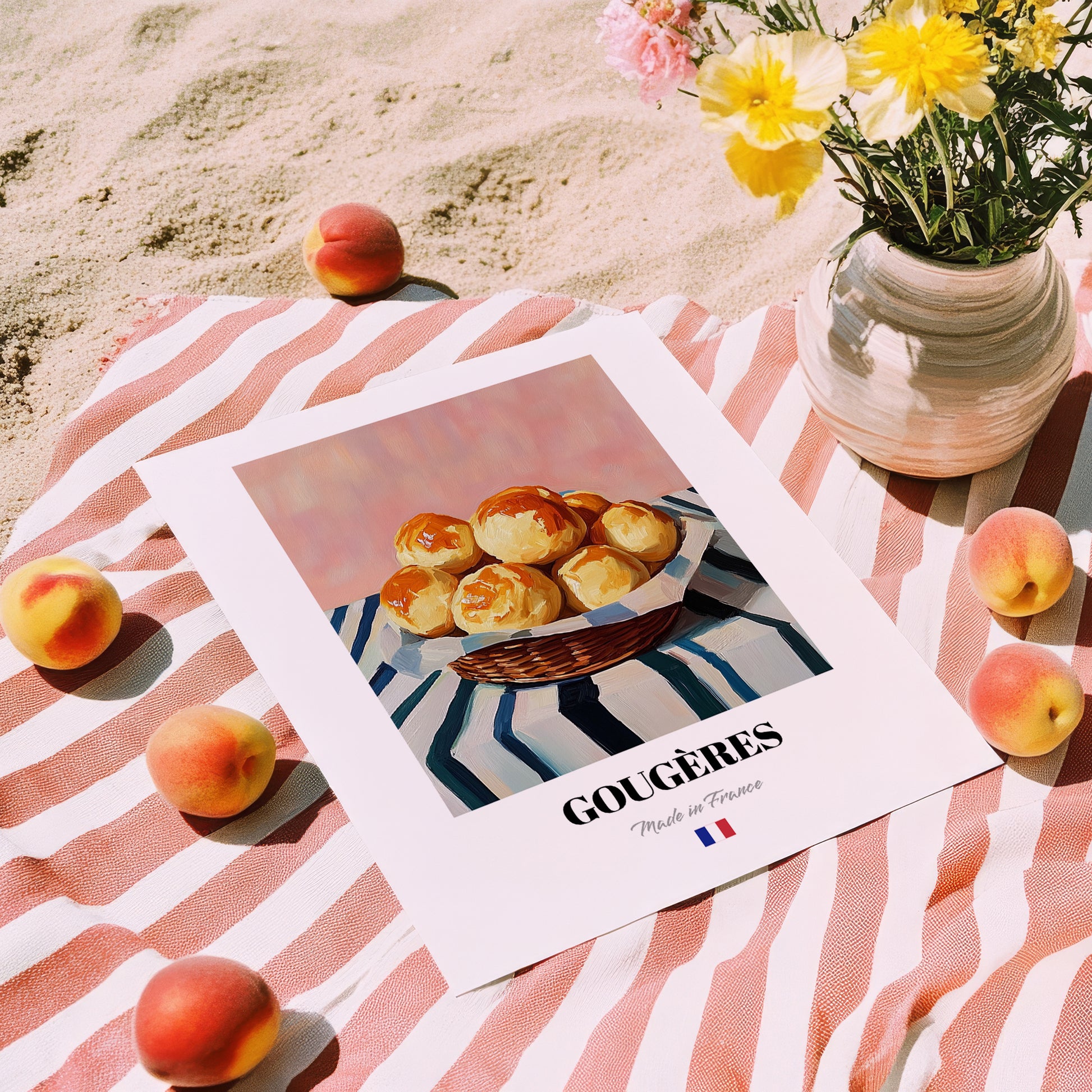 Gougères – on Striped Tablecloth, French French Pastry Still Life, unframed on coastal sand