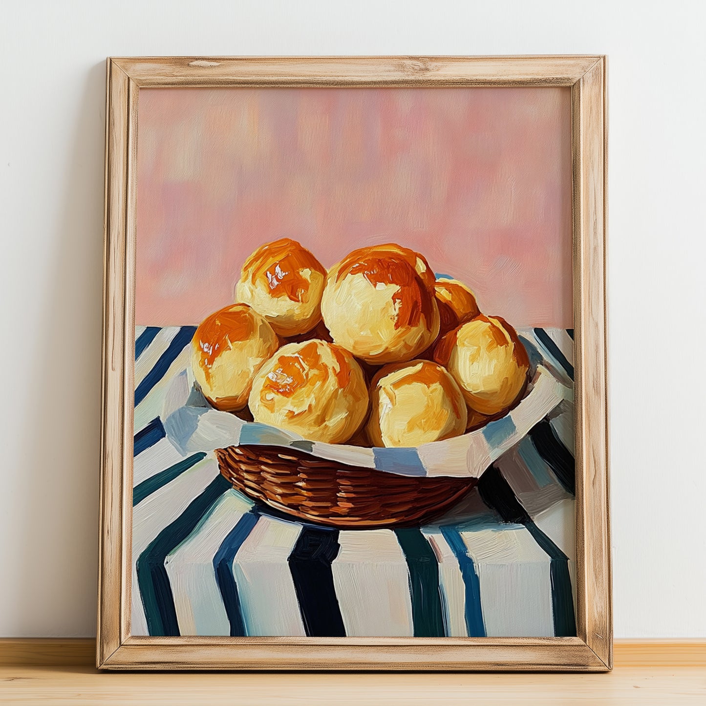 Gougères – on Striped Tablecloth, French French Pastry Still Life, no-text version framed in wood