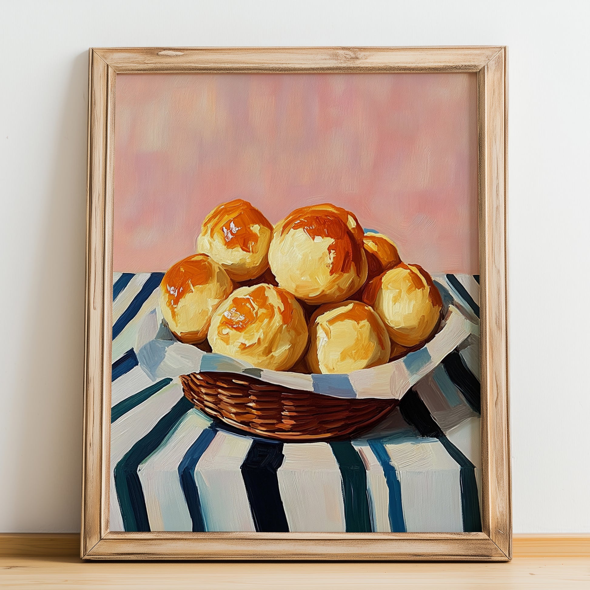 Gougères – on Striped Tablecloth, French French Pastry Still Life, no-text version framed in wood
