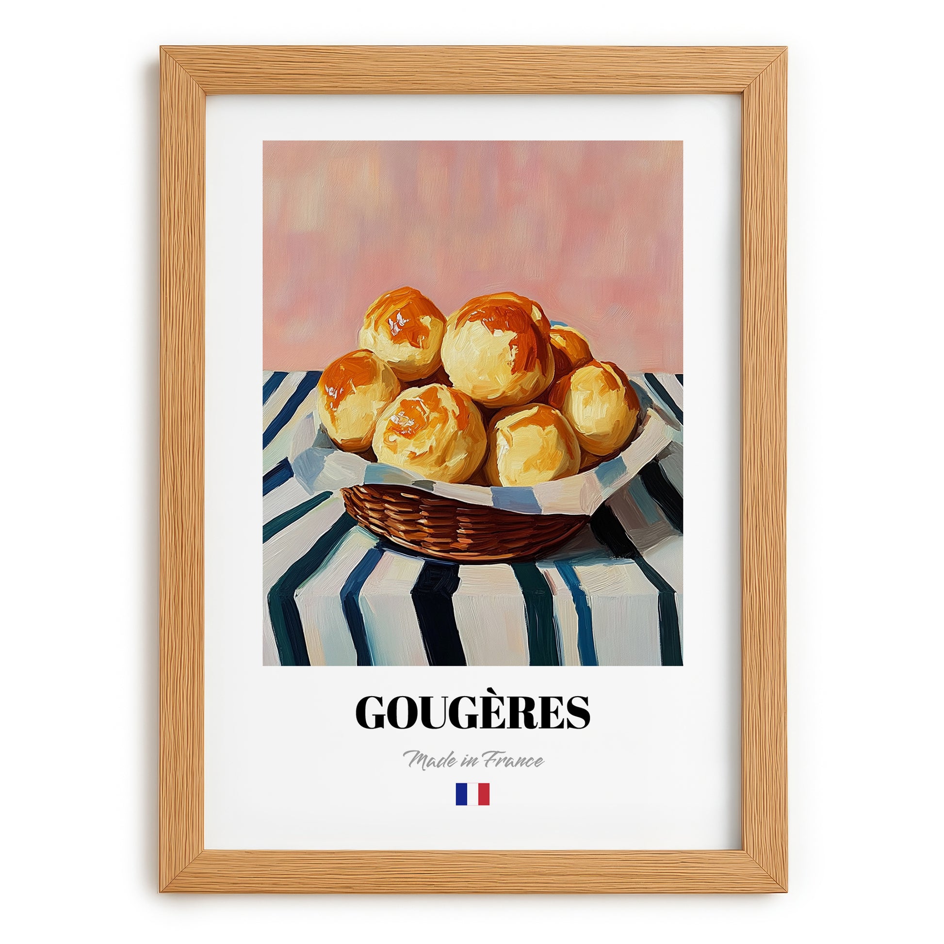 Gougères – on Striped Tablecloth, French French Pastry Still Life, set in oak frame