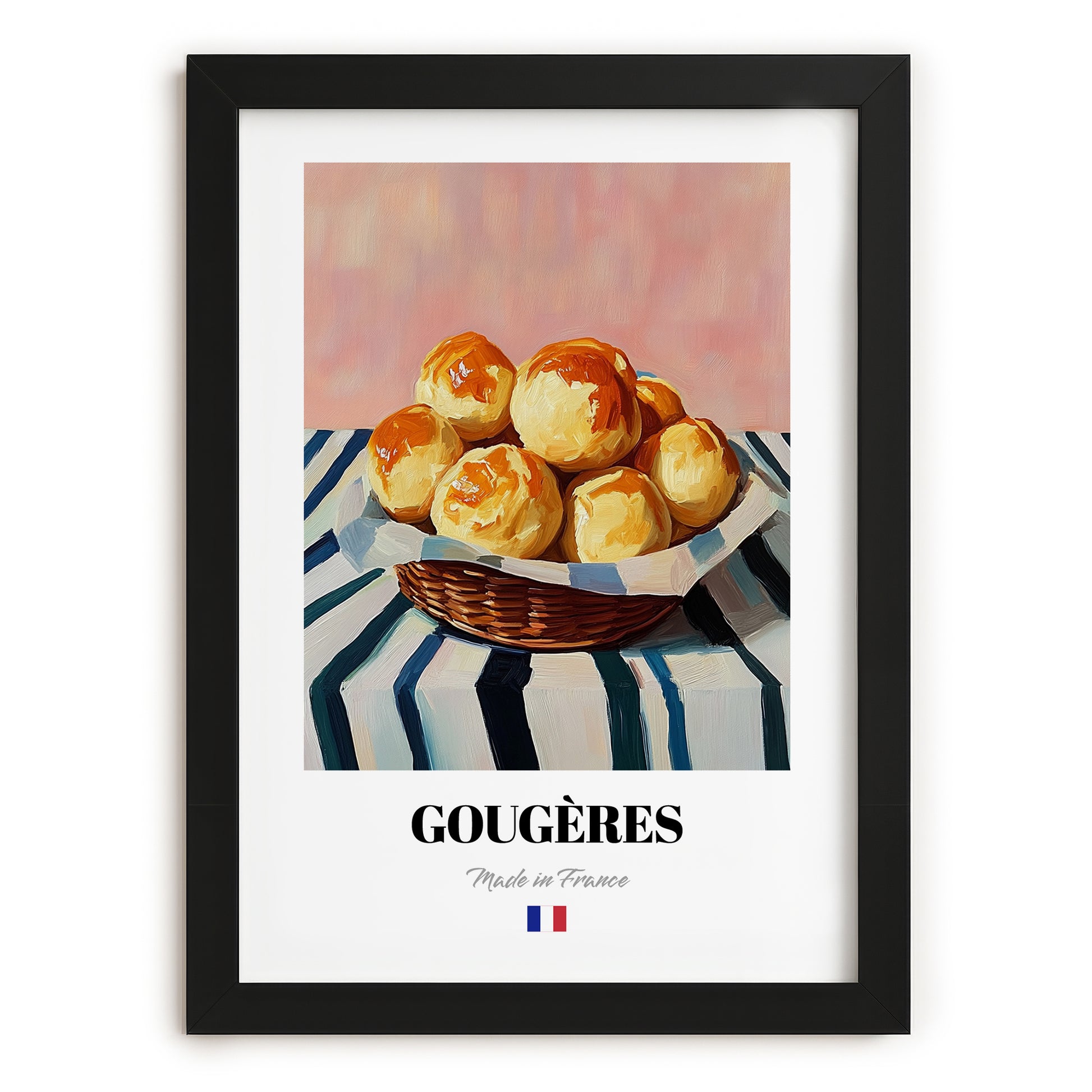 Gougères – on Striped Tablecloth, French French Pastry Still Life, in sleek black frame
