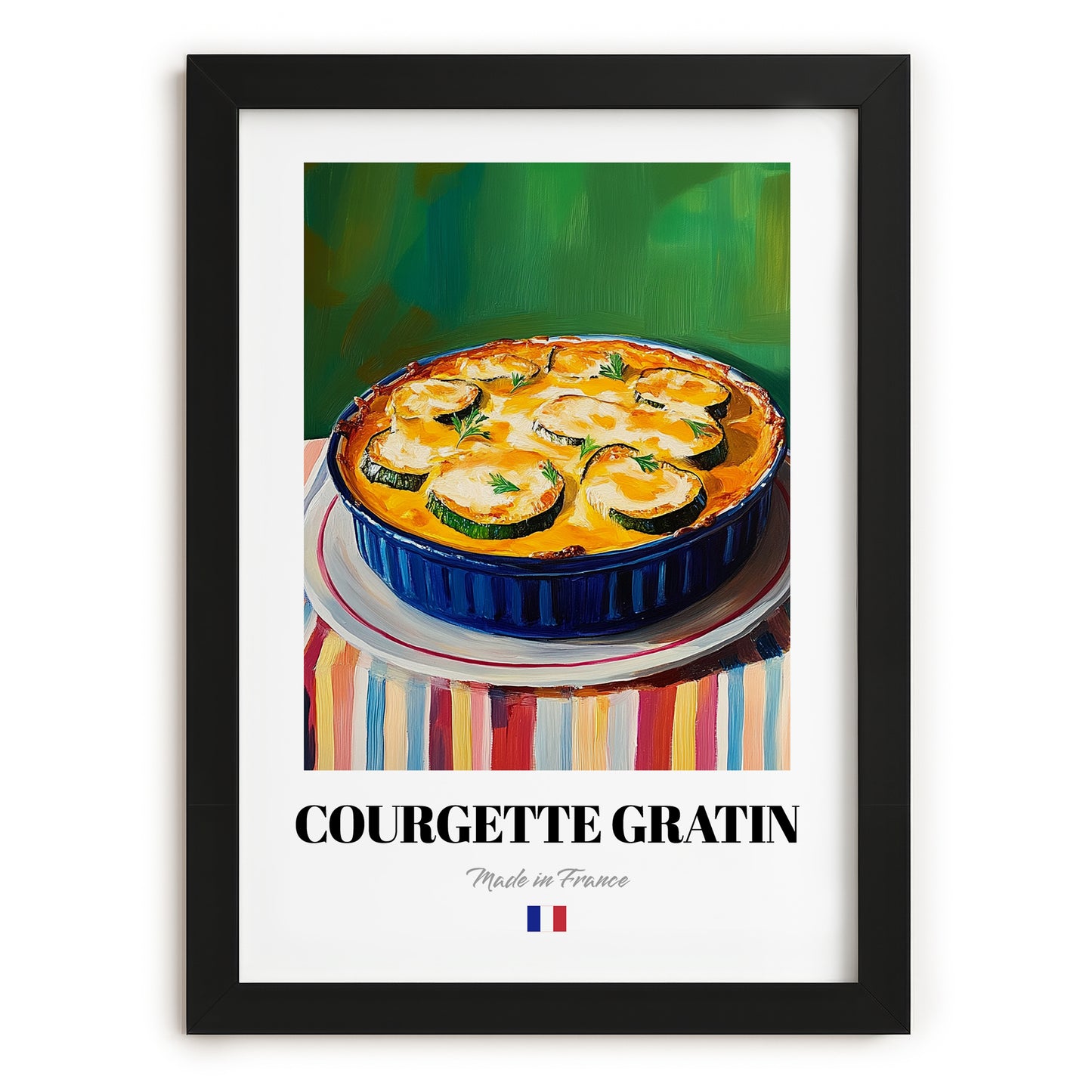 Courgette Gratin – Colorful Oil Painting, French Food Illustration, in sleek black frame