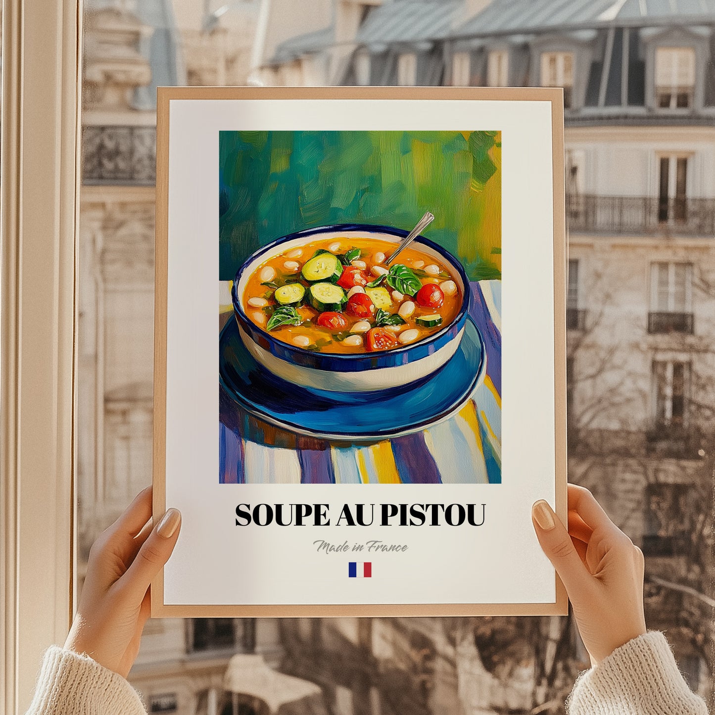 Soupe au Pistou – Colorful Oil Painting, French Food Still Life, styled in a charming Paris street view