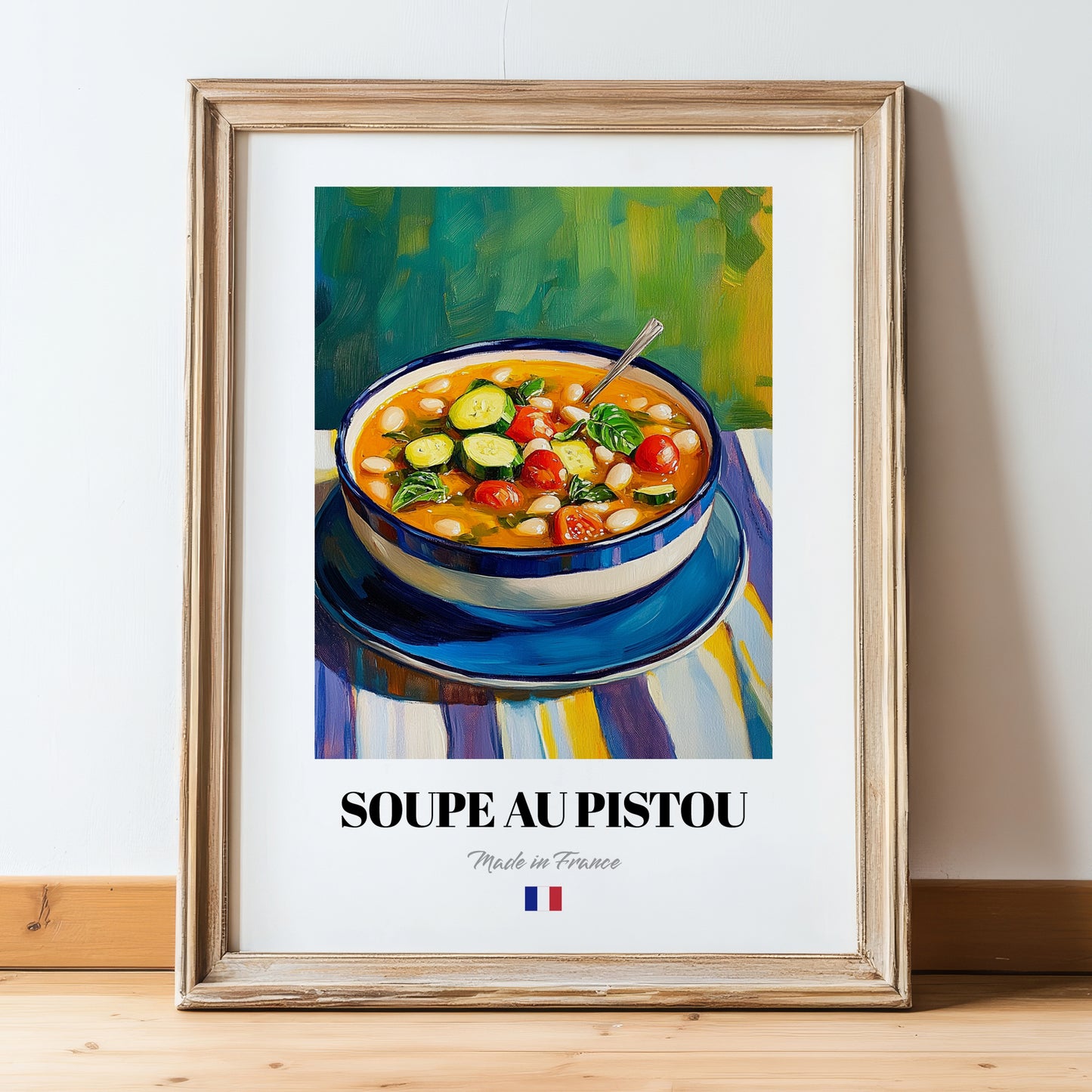 Soupe au Pistou – Colorful Oil Painting, French Food Still Life, in wooden frame leaning on the floor