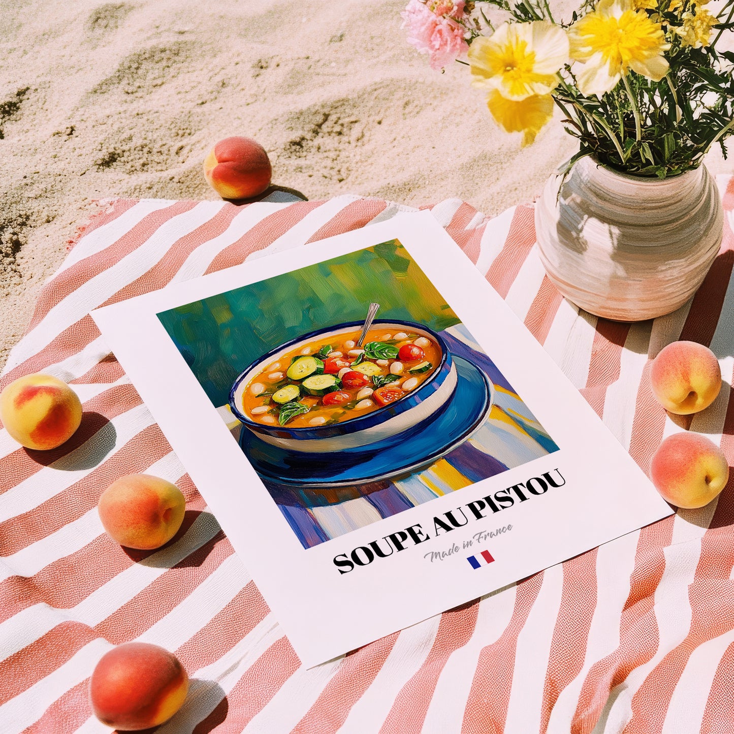 Soupe au Pistou – Colorful Oil Painting, French Food Still Life, unframed on coastal sand