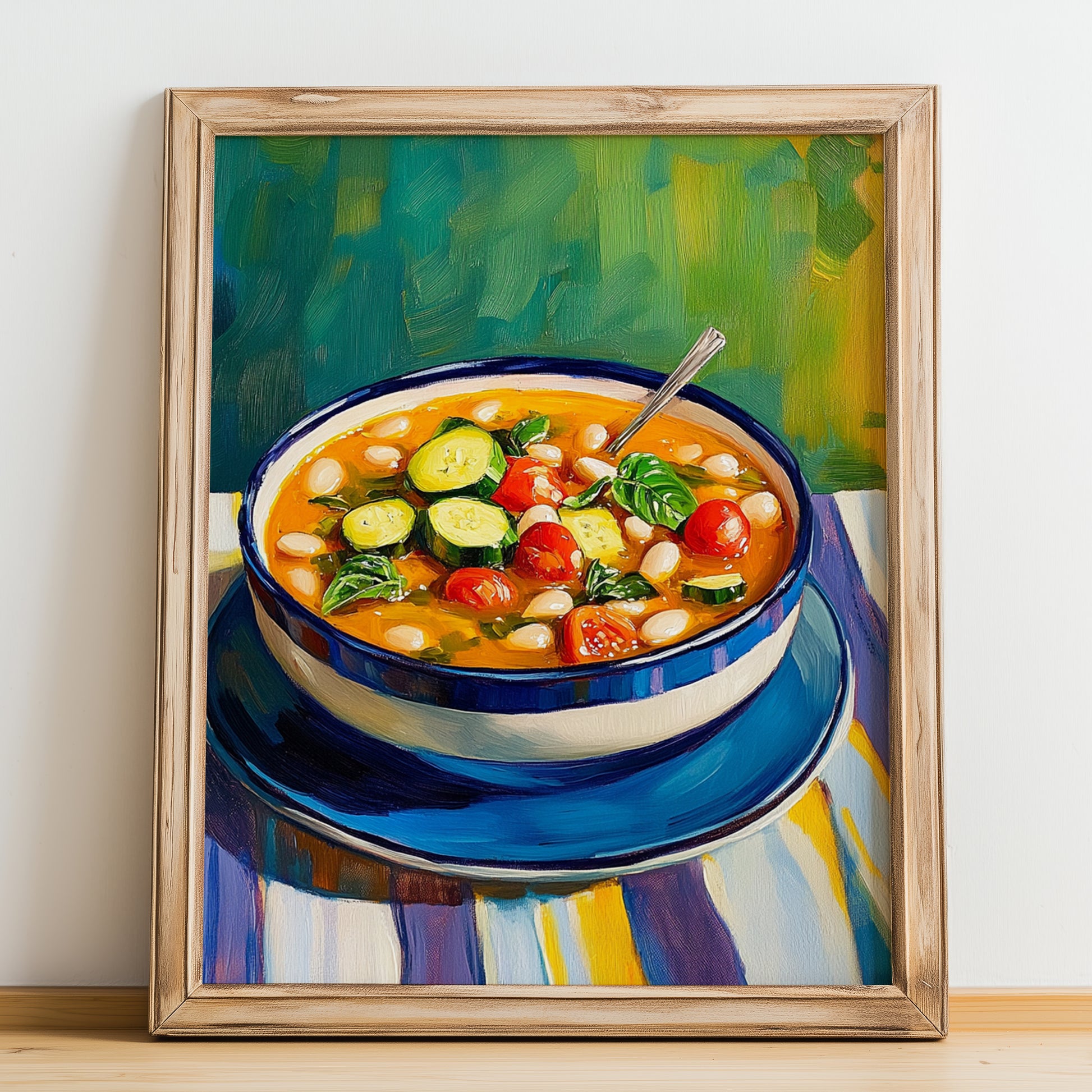 Soupe au Pistou – Colorful Oil Painting, French Food Still Life, no-text version framed in wood