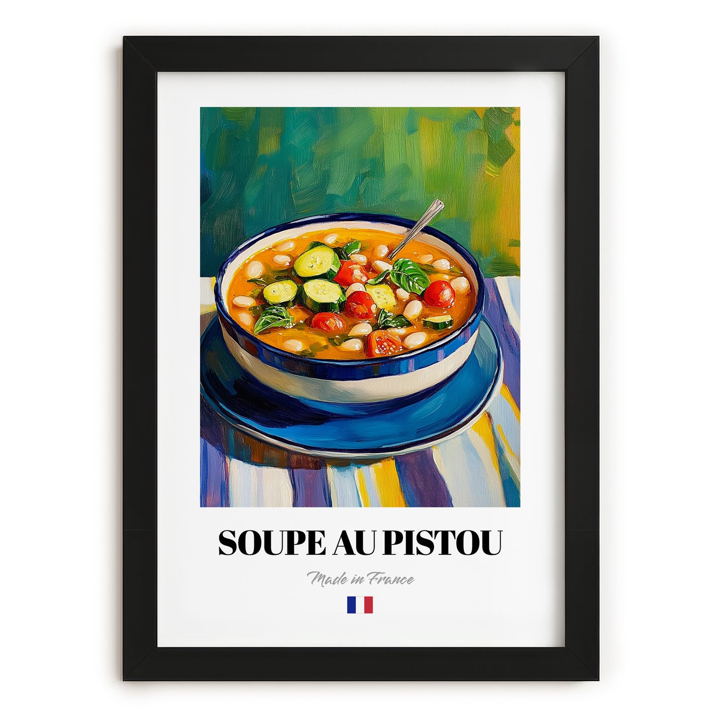 Soupe au Pistou – Colorful Oil Painting, French Food Still Life, in sleek black frame