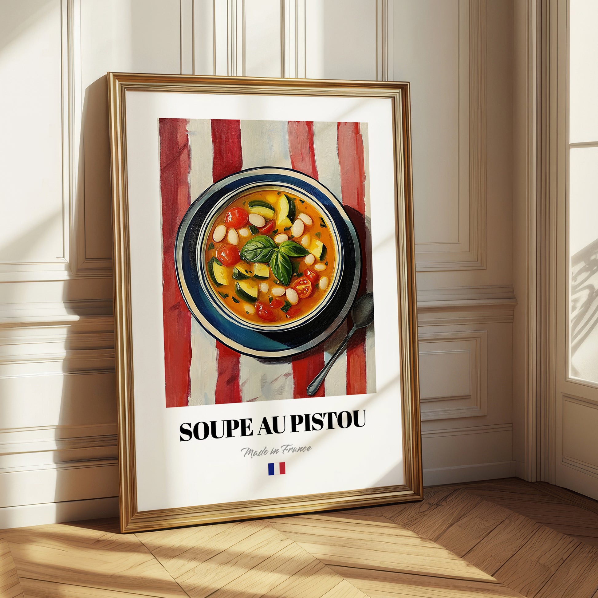 Soupe au Pistou – on Striped Tablecloth, French Food Illustration