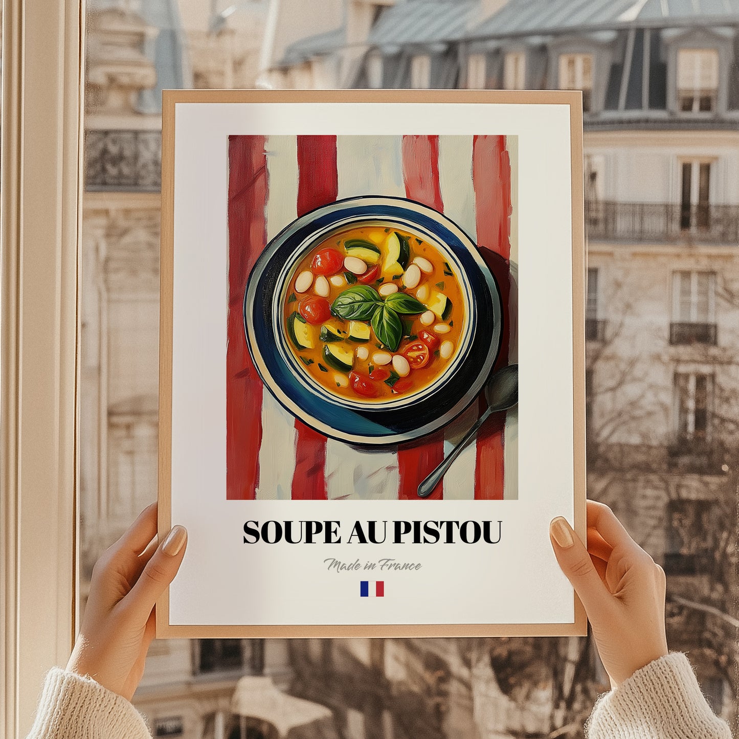 Soupe au Pistou – on Striped Tablecloth, French Food Illustration, styled in a charming Paris street view