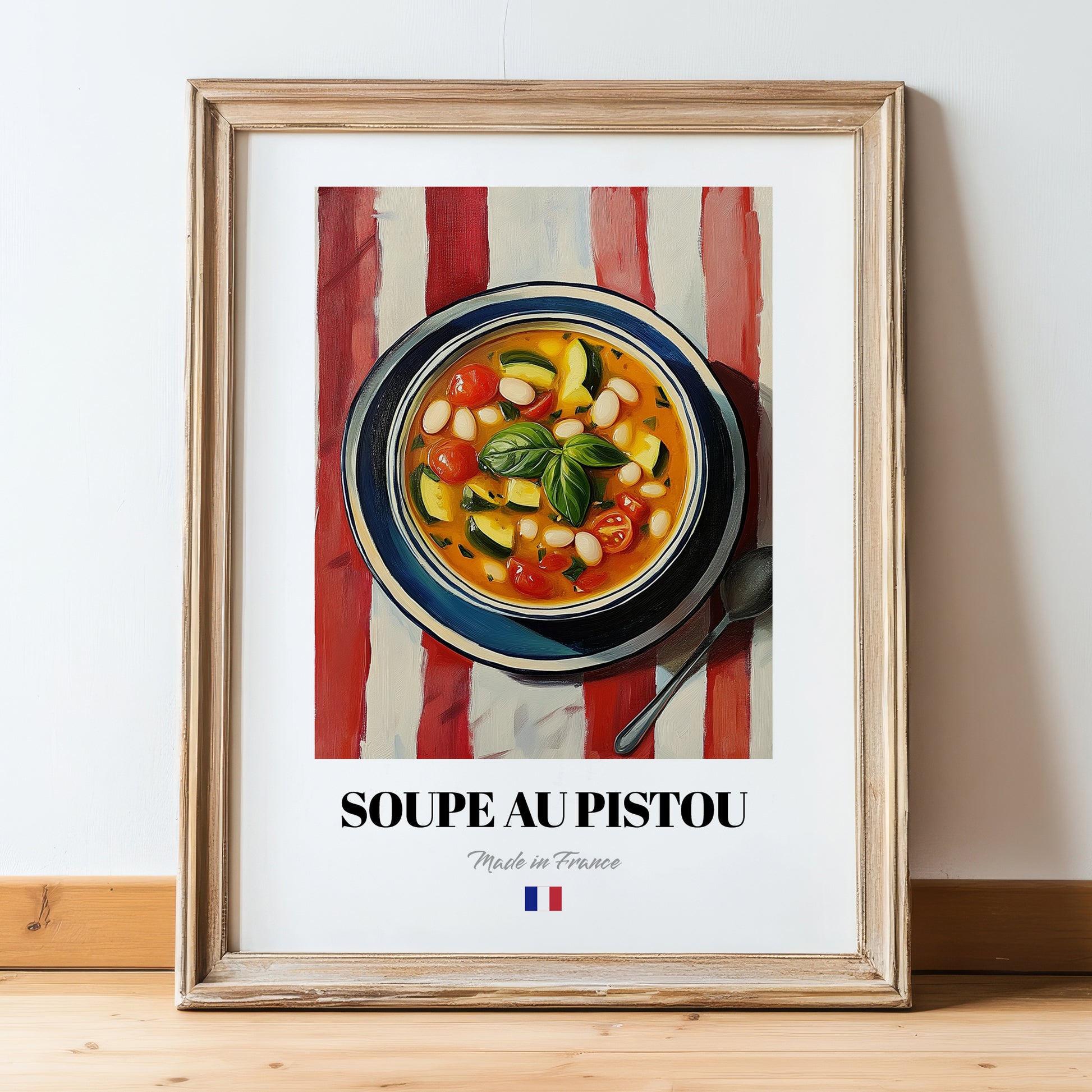 Soupe au Pistou – on Striped Tablecloth, French Food Illustration, in wooden frame leaning on the floor