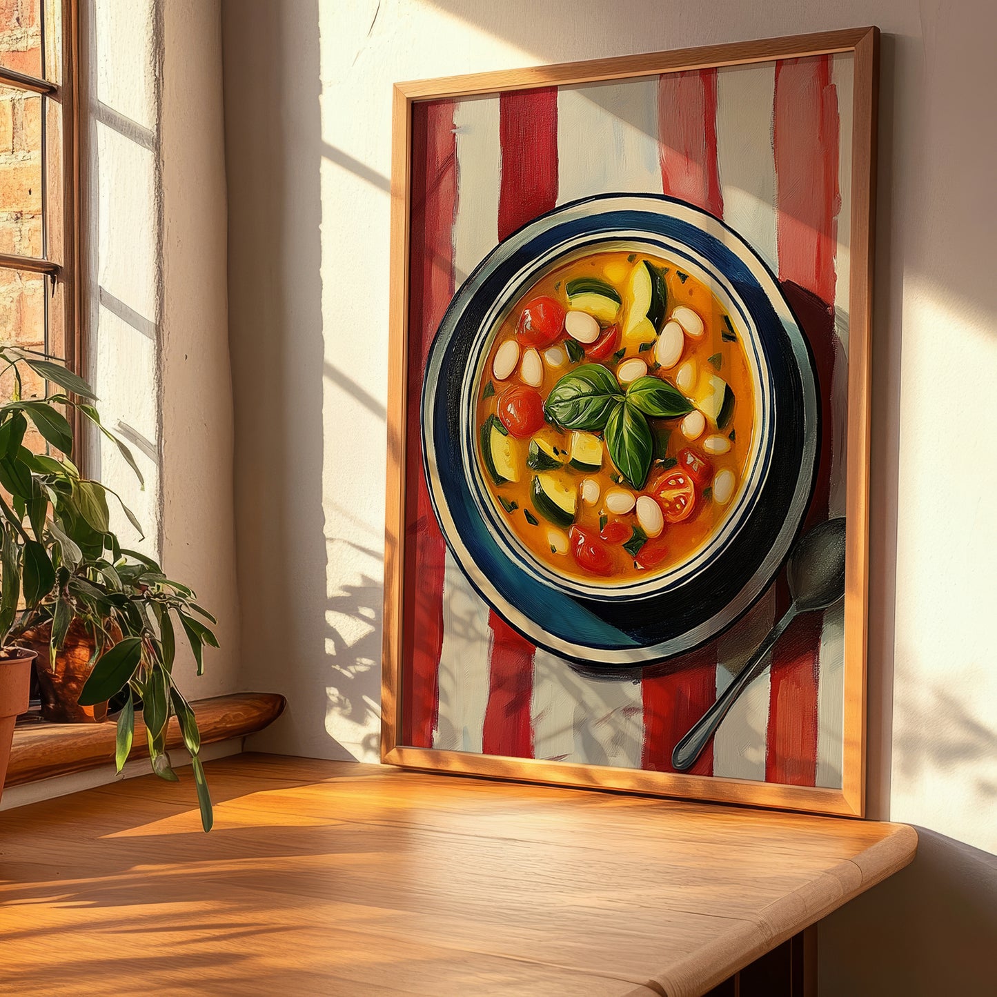 Soupe au Pistou – on Striped Tablecloth, French Food Illustration, clean layout with no caption