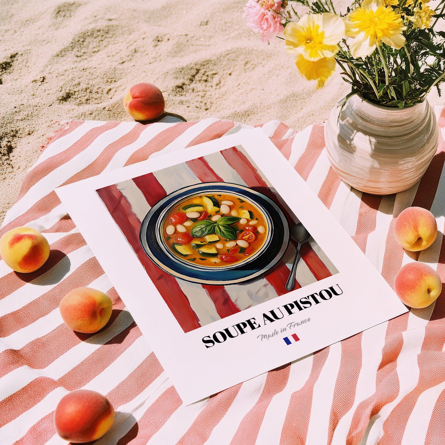 Soupe au Pistou – on Striped Tablecloth, French Food Illustration, unframed on coastal sand