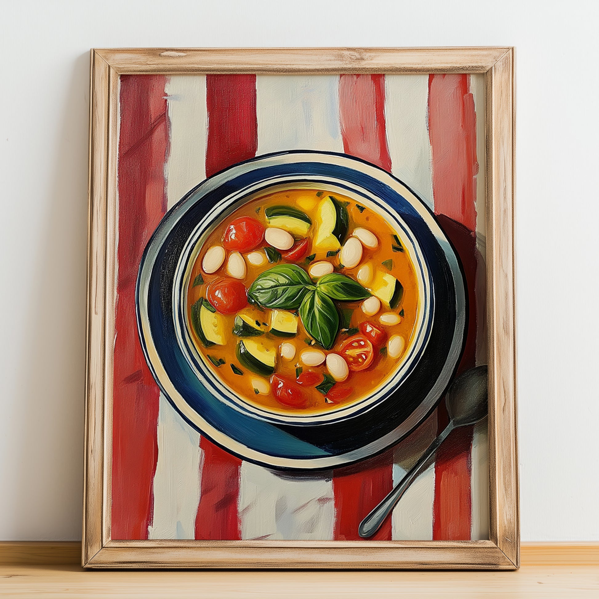 Soupe au Pistou – on Striped Tablecloth, French Food Illustration, no-text version framed in wood