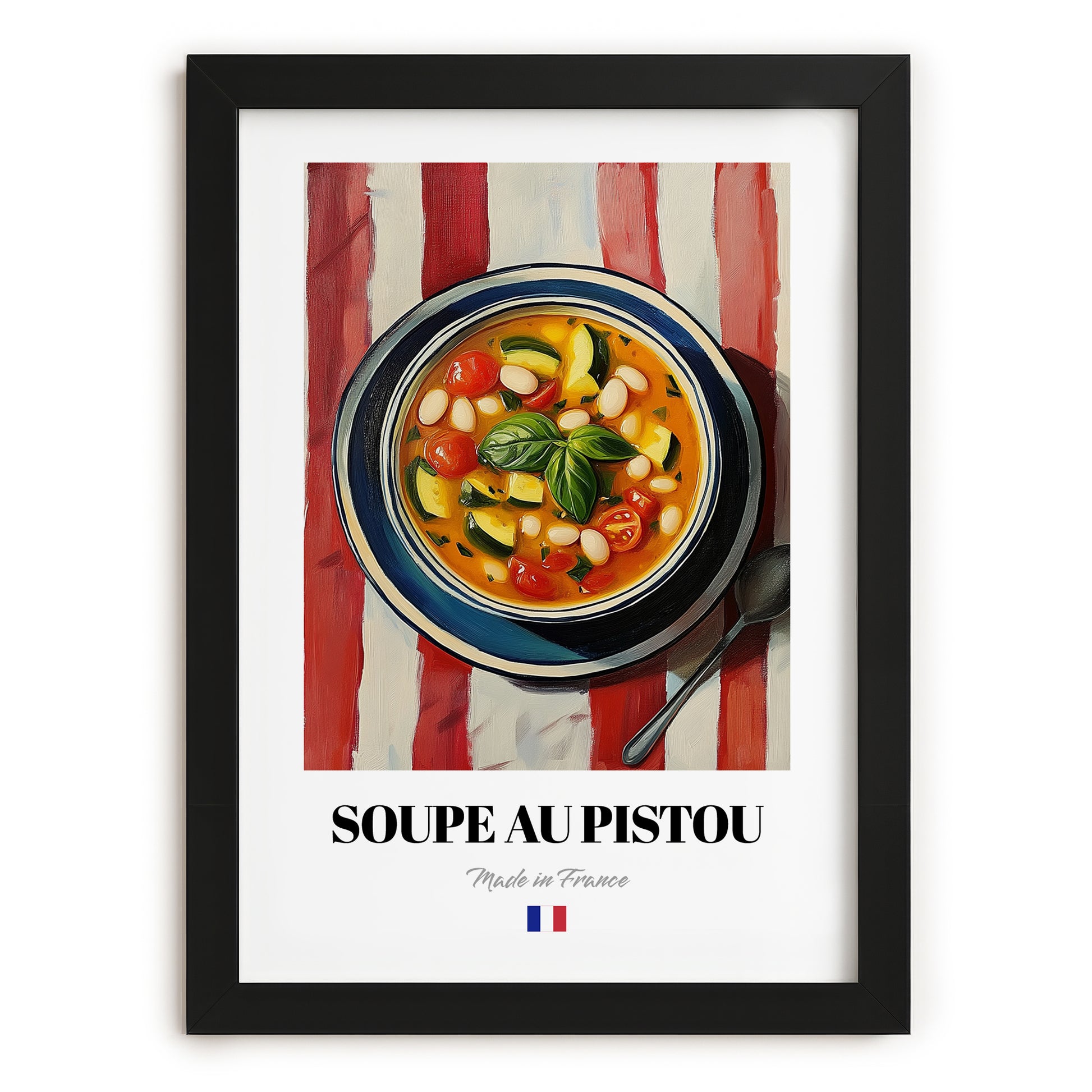 Soupe au Pistou – on Striped Tablecloth, French Food Illustration, in sleek black frame