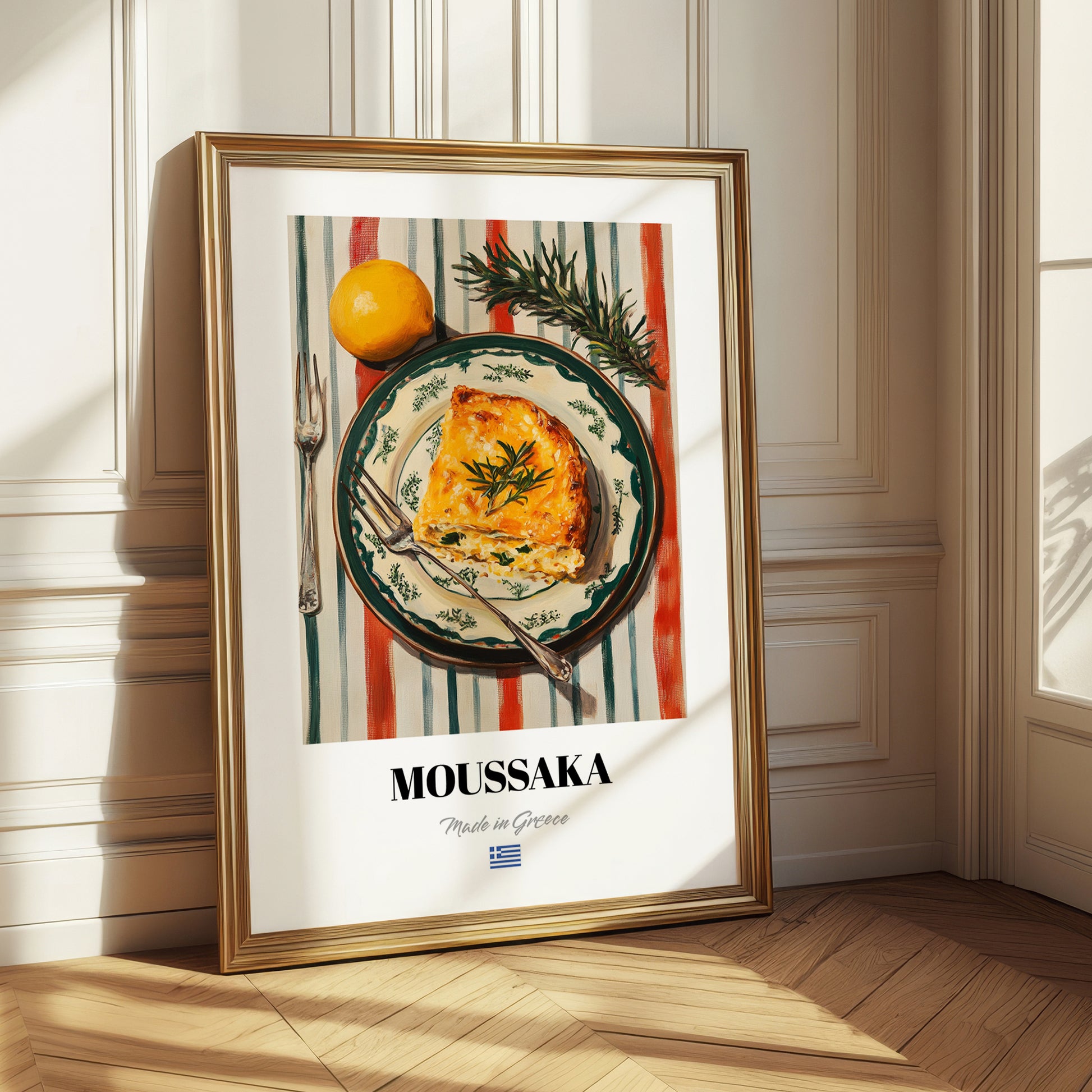 Moussaka – on Striped Tablecloth, Greek Food Print