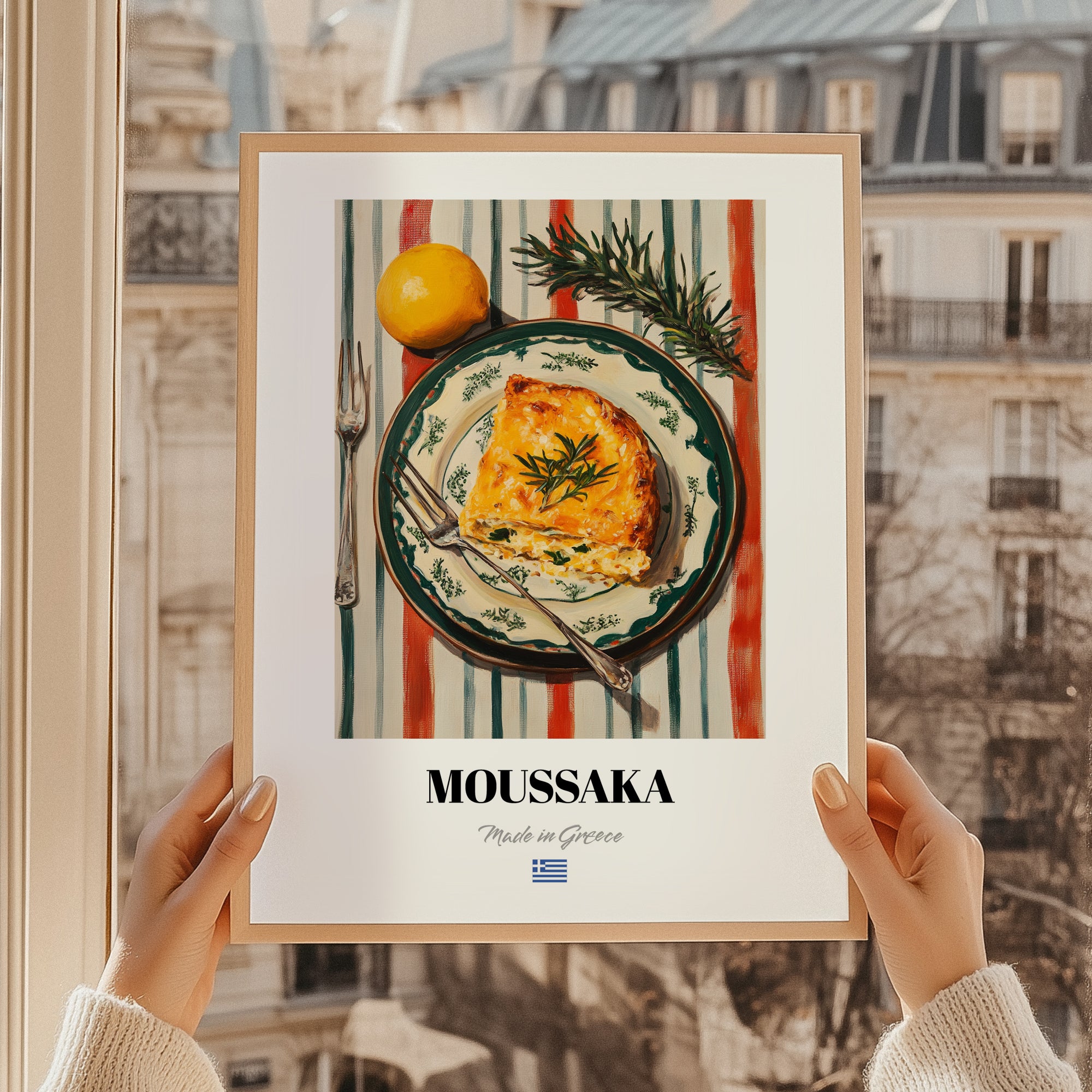 Moussaka – on Striped Tablecloth, Greek Food Print, styled in a charming Paris street view