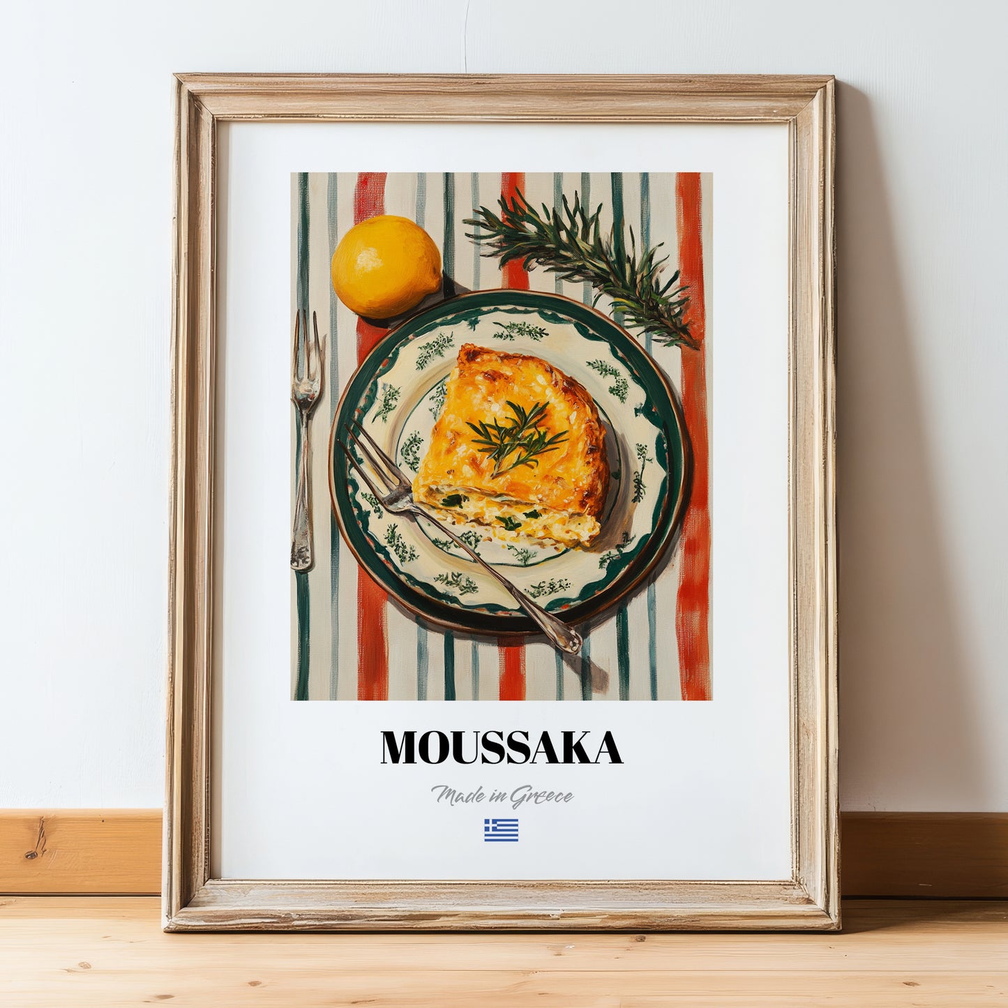 Moussaka – on Striped Tablecloth, Greek Food Print, in wooden frame leaning on the floor