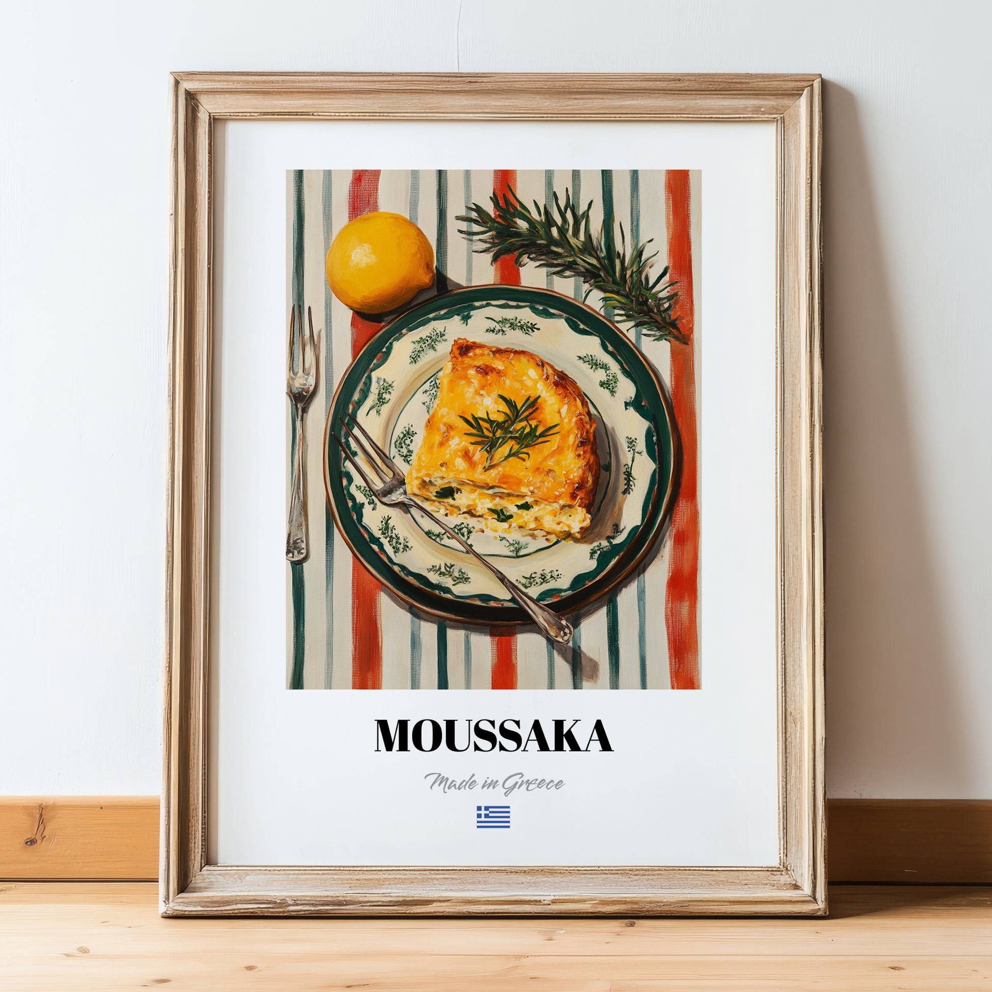 Moussaka – on Striped Tablecloth, Greek Food Print, in wooden frame leaning on the floor