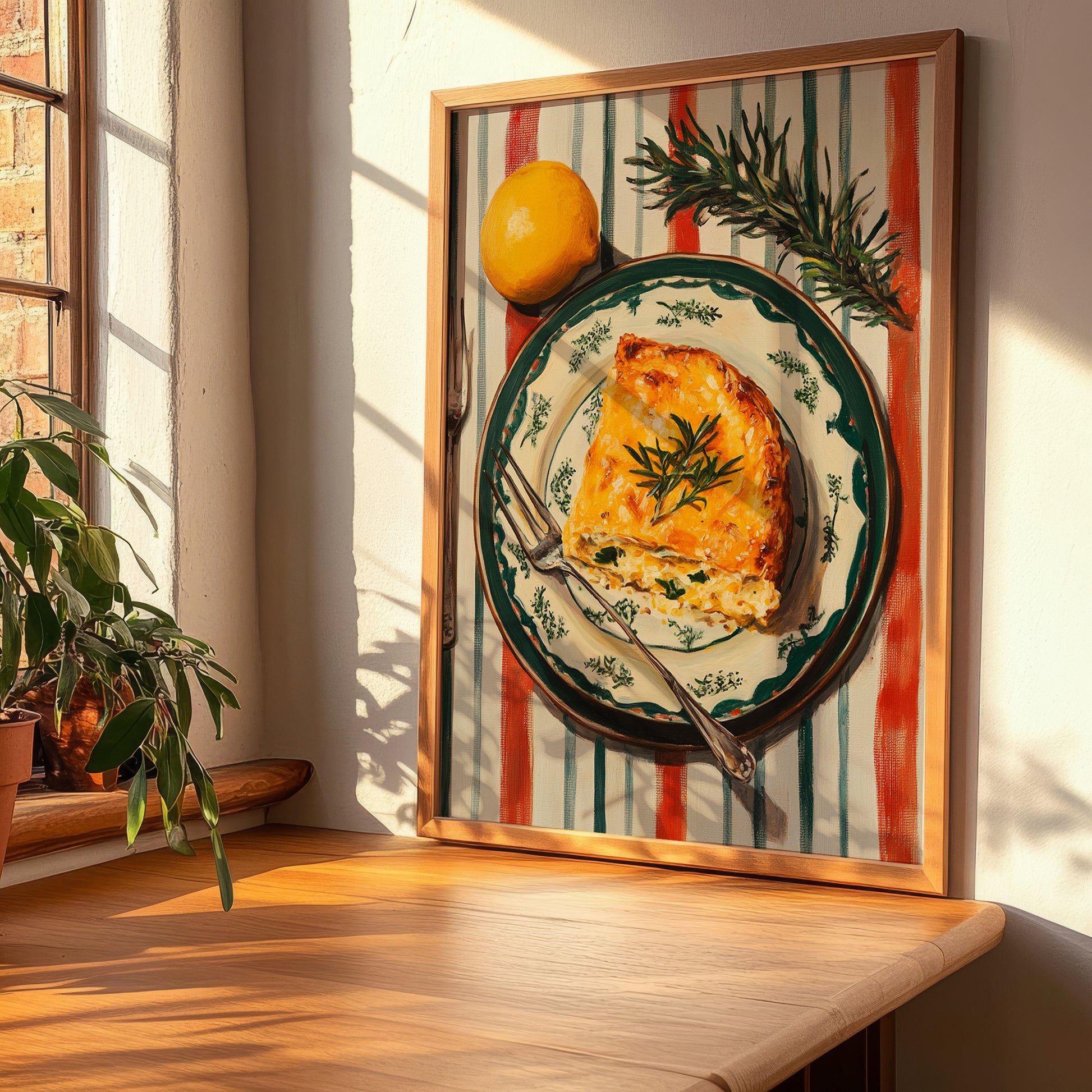 Moussaka – on Striped Tablecloth, Greek Food Print, clean layout with no caption