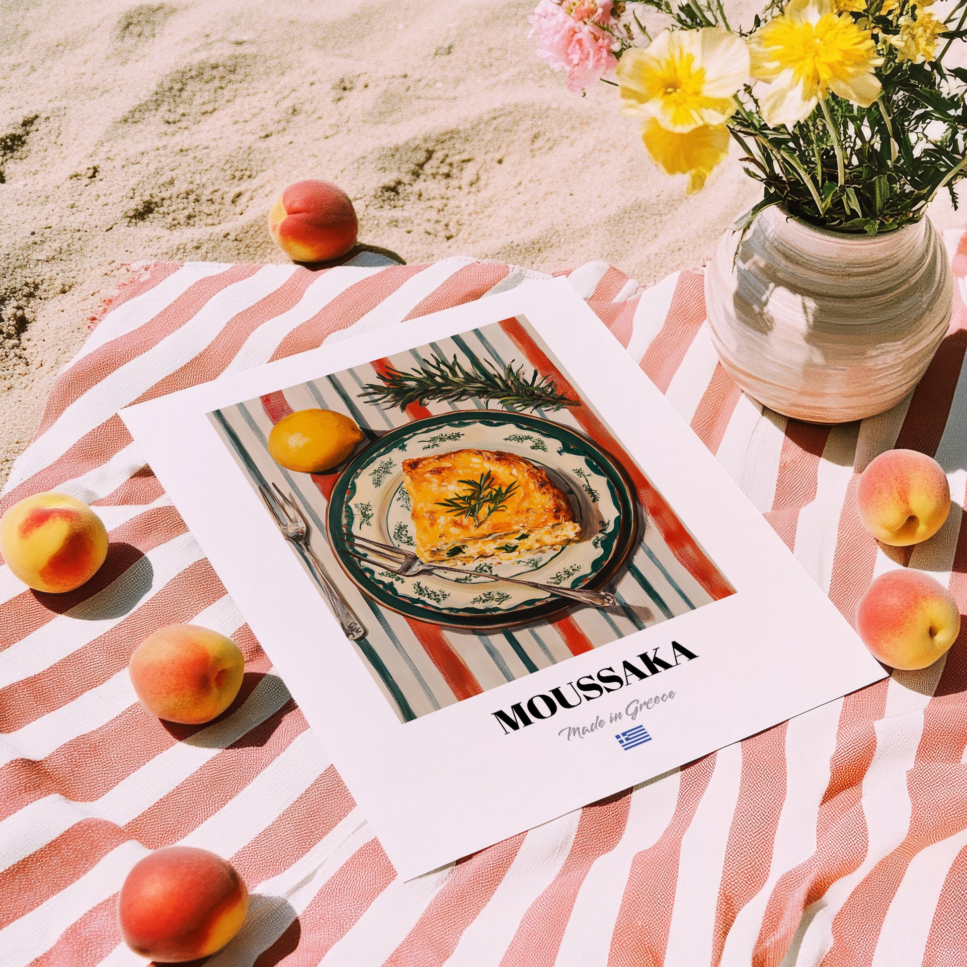 Moussaka – on Striped Tablecloth, Greek Food Print, unframed on coastal sand