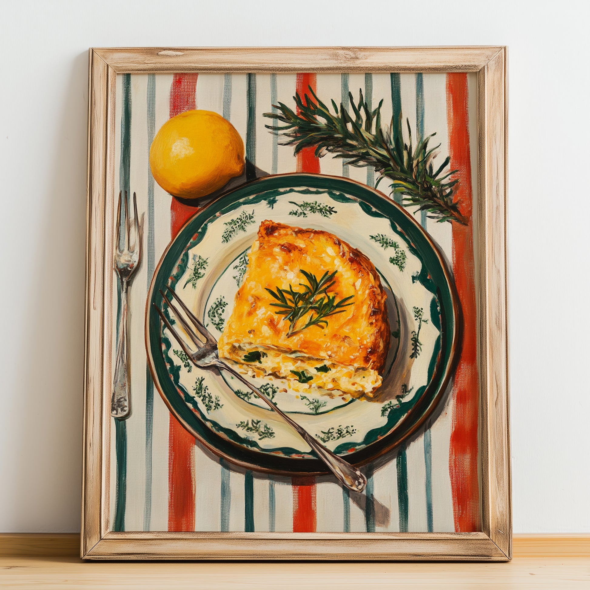 Moussaka – on Striped Tablecloth, Greek Food Print, no-text version framed in wood