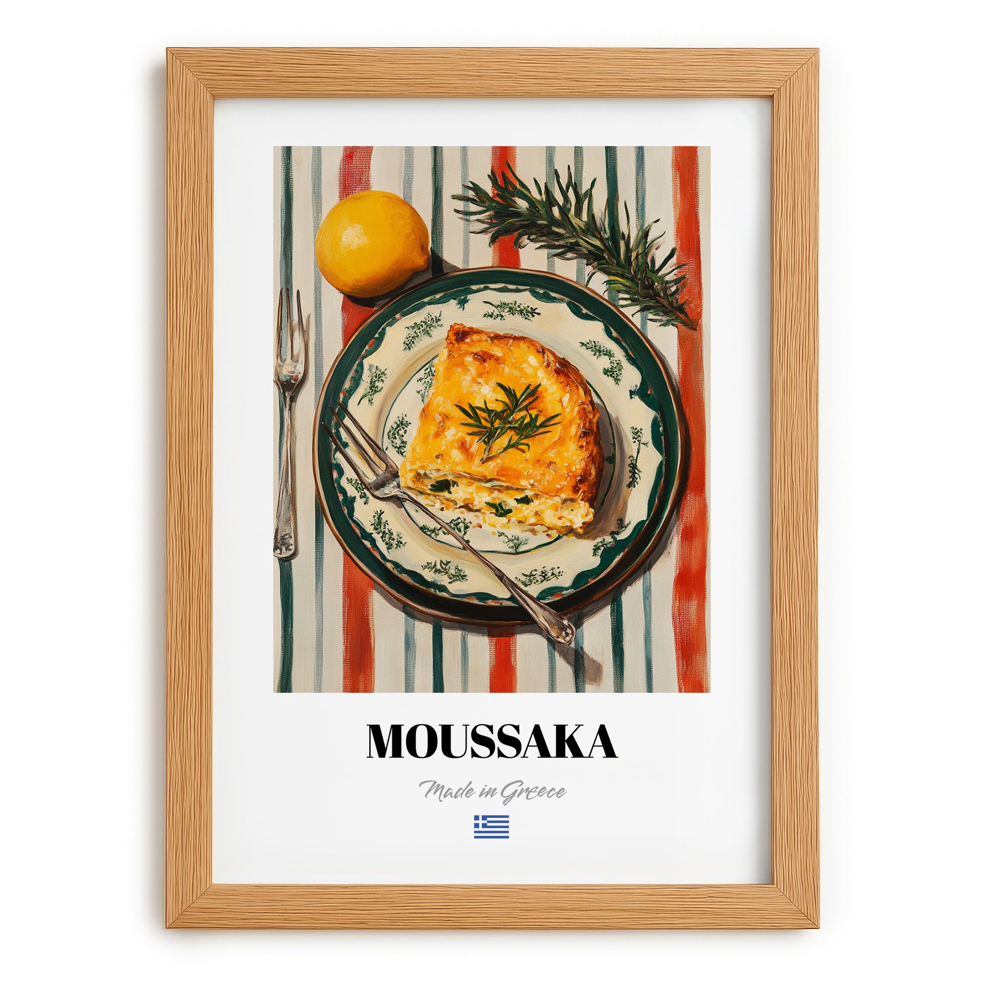 Moussaka – on Striped Tablecloth, Greek Food Print, set in oak frame