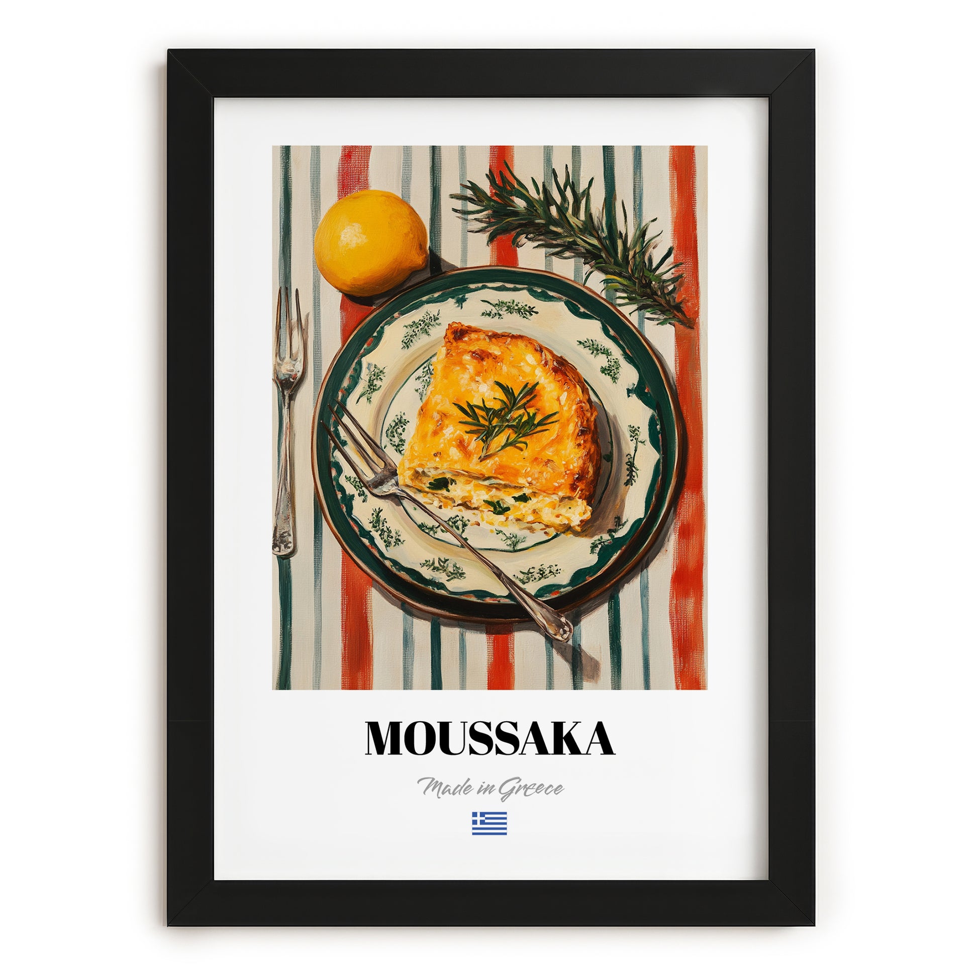 Moussaka – on Striped Tablecloth, Greek Food Print, in sleek black frame