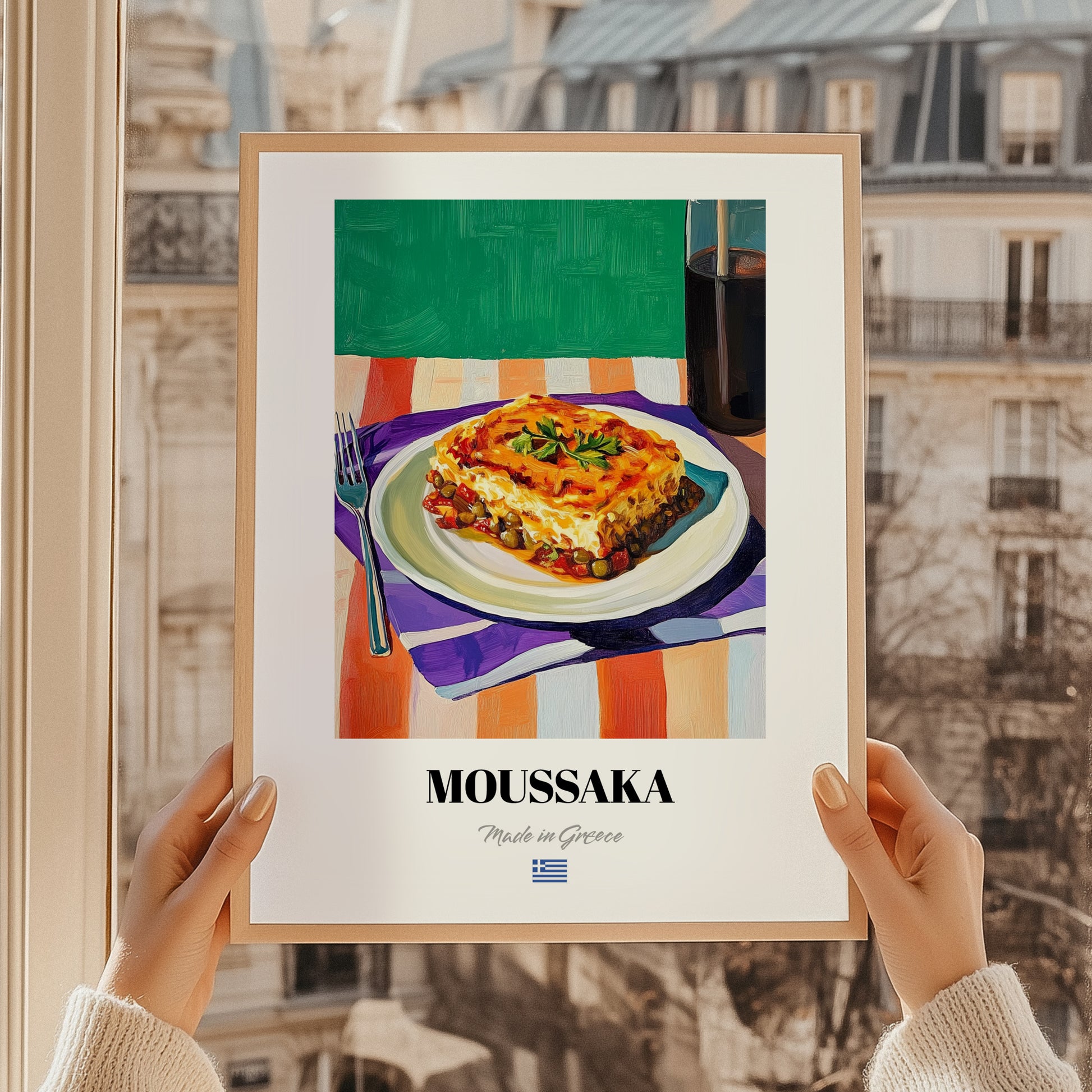 Moussaka – Oil Painting, Greek Food Painting, styled in a charming Paris street view
