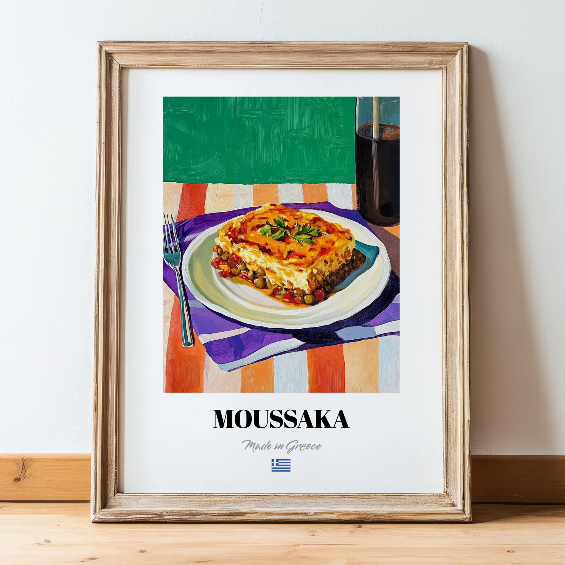 Moussaka – Oil Painting, Greek Food Painting, in wooden frame leaning on the floor