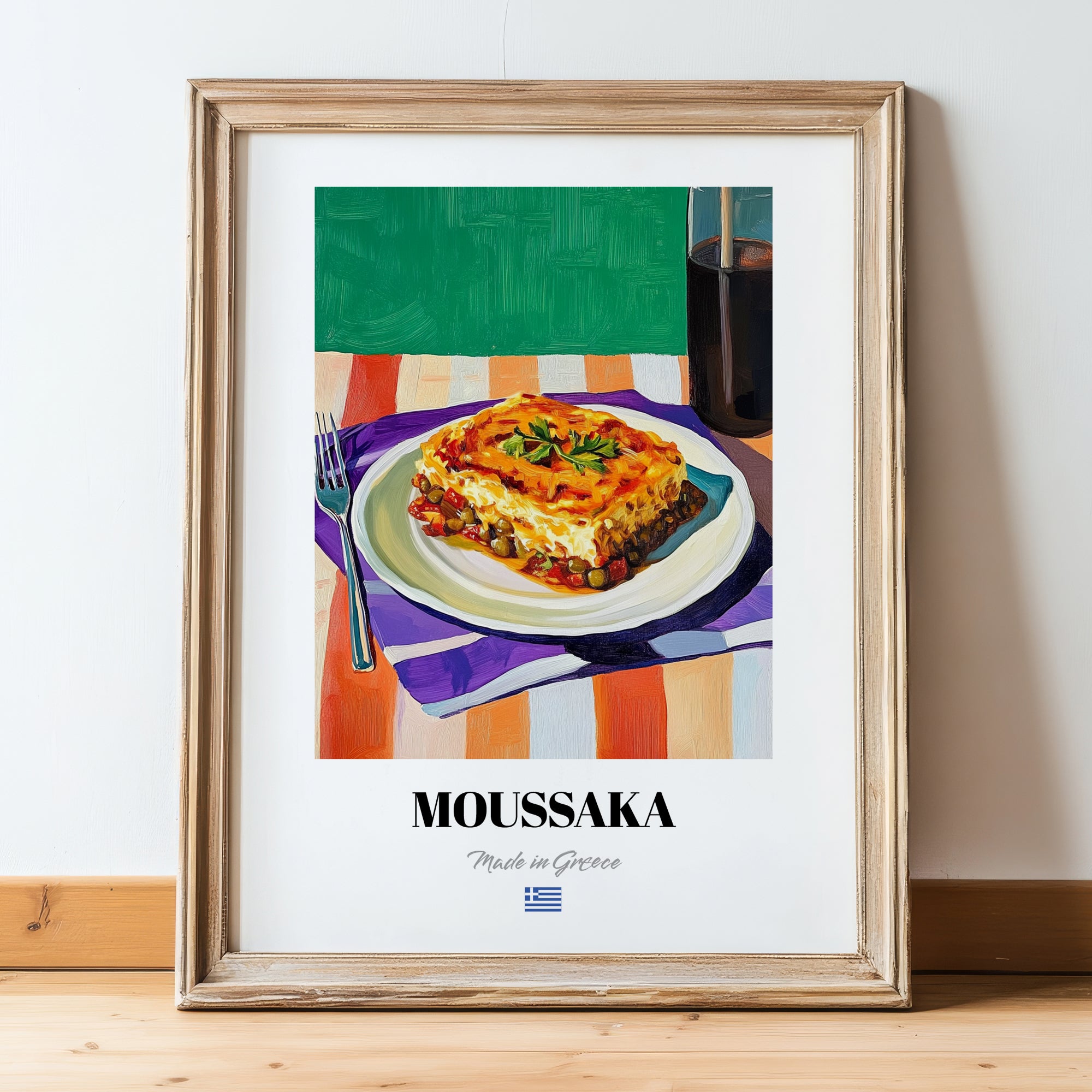 Moussaka – Oil Painting, Greek Food Painting, in wooden frame leaning on the floor
