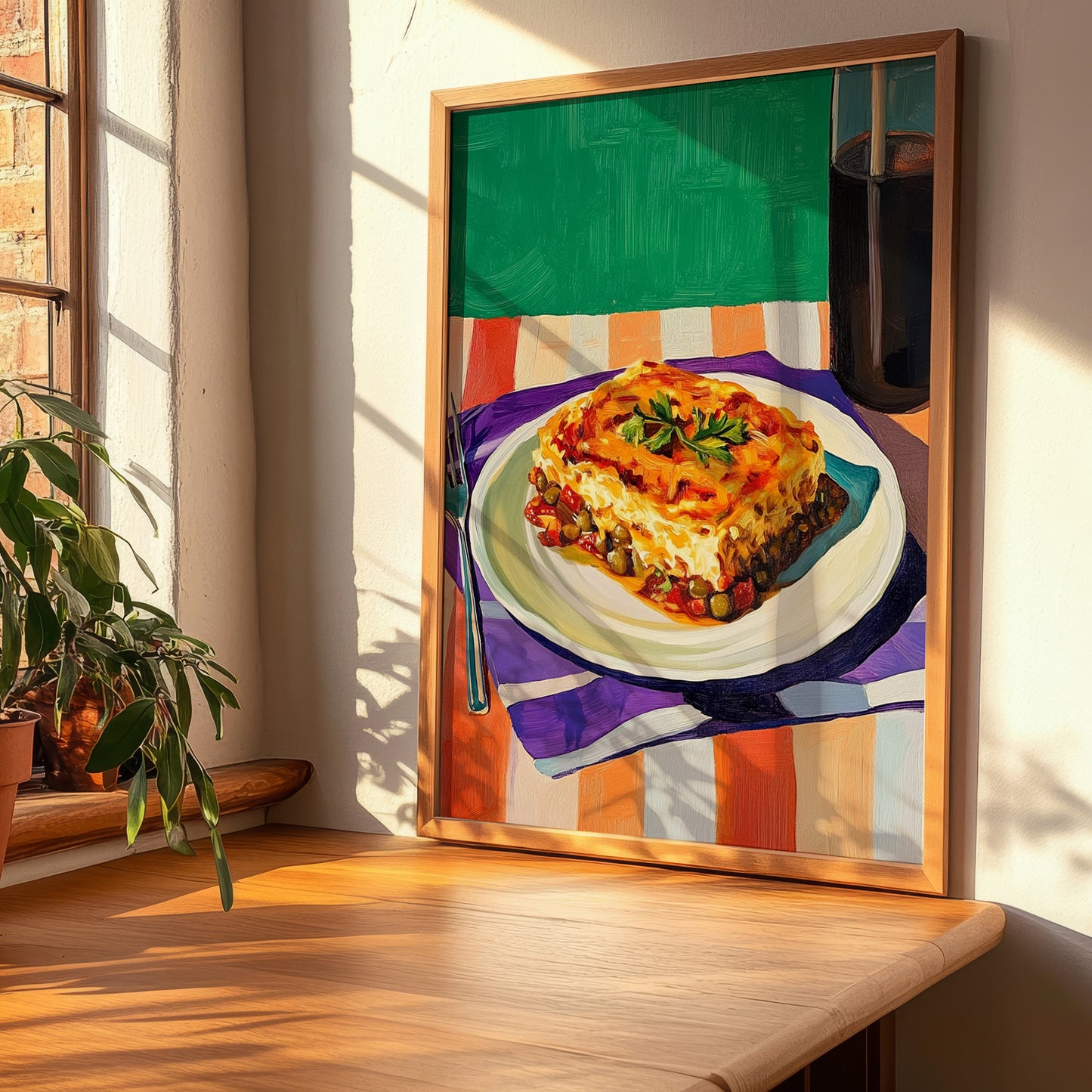 Moussaka – Oil Painting, Greek Food Painting, clean layout with no caption