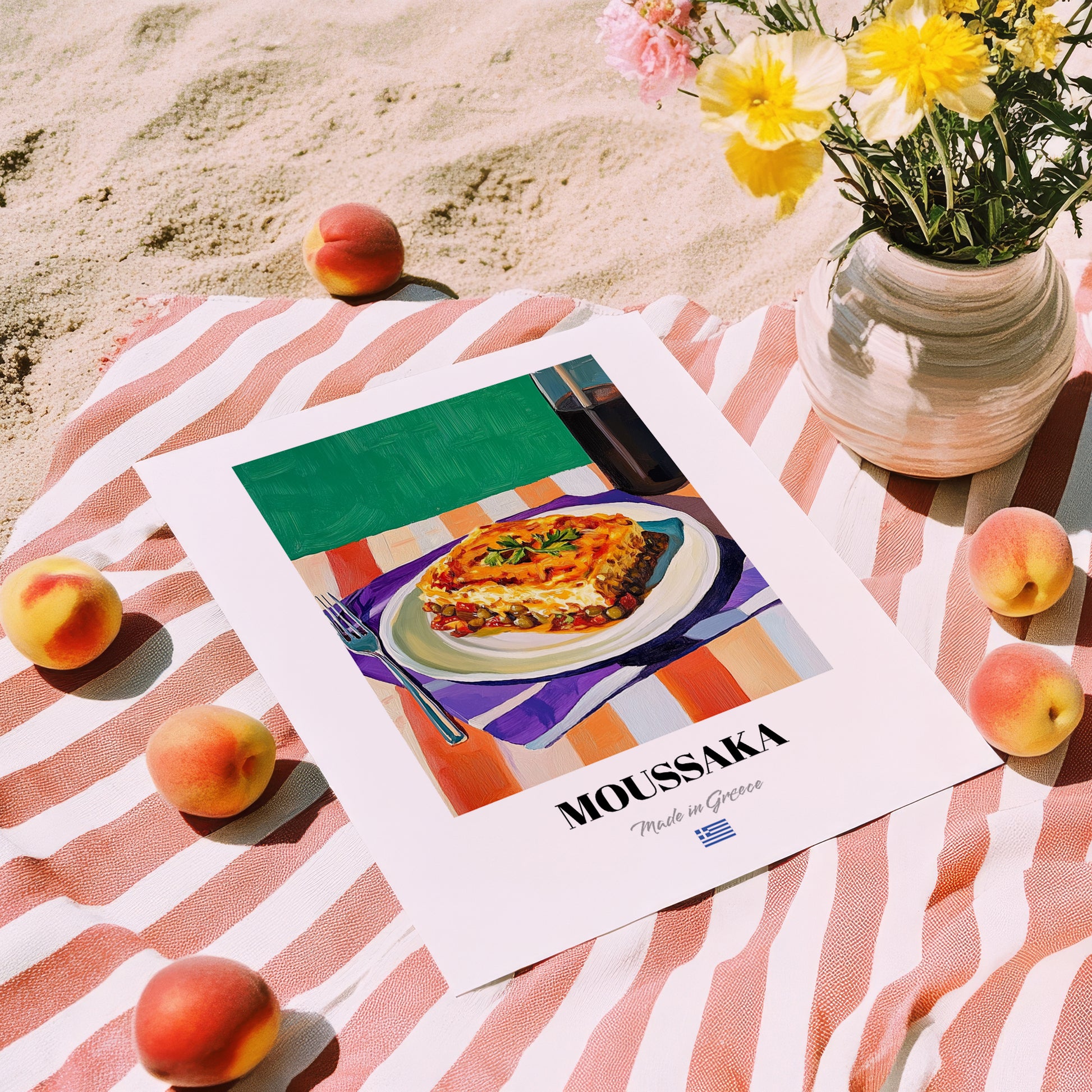 Moussaka – Oil Painting, Greek Food Painting, unframed on coastal sand