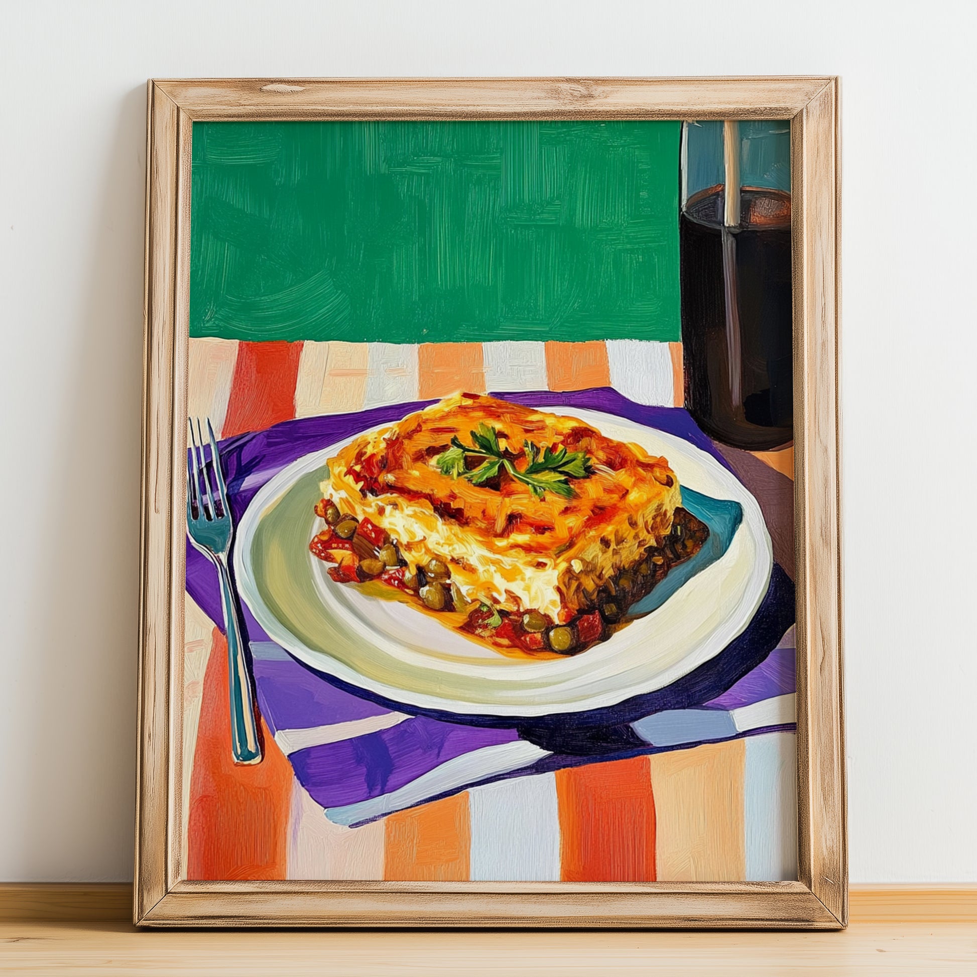 Moussaka – Oil Painting, Greek Food Painting, no-text version framed in wood