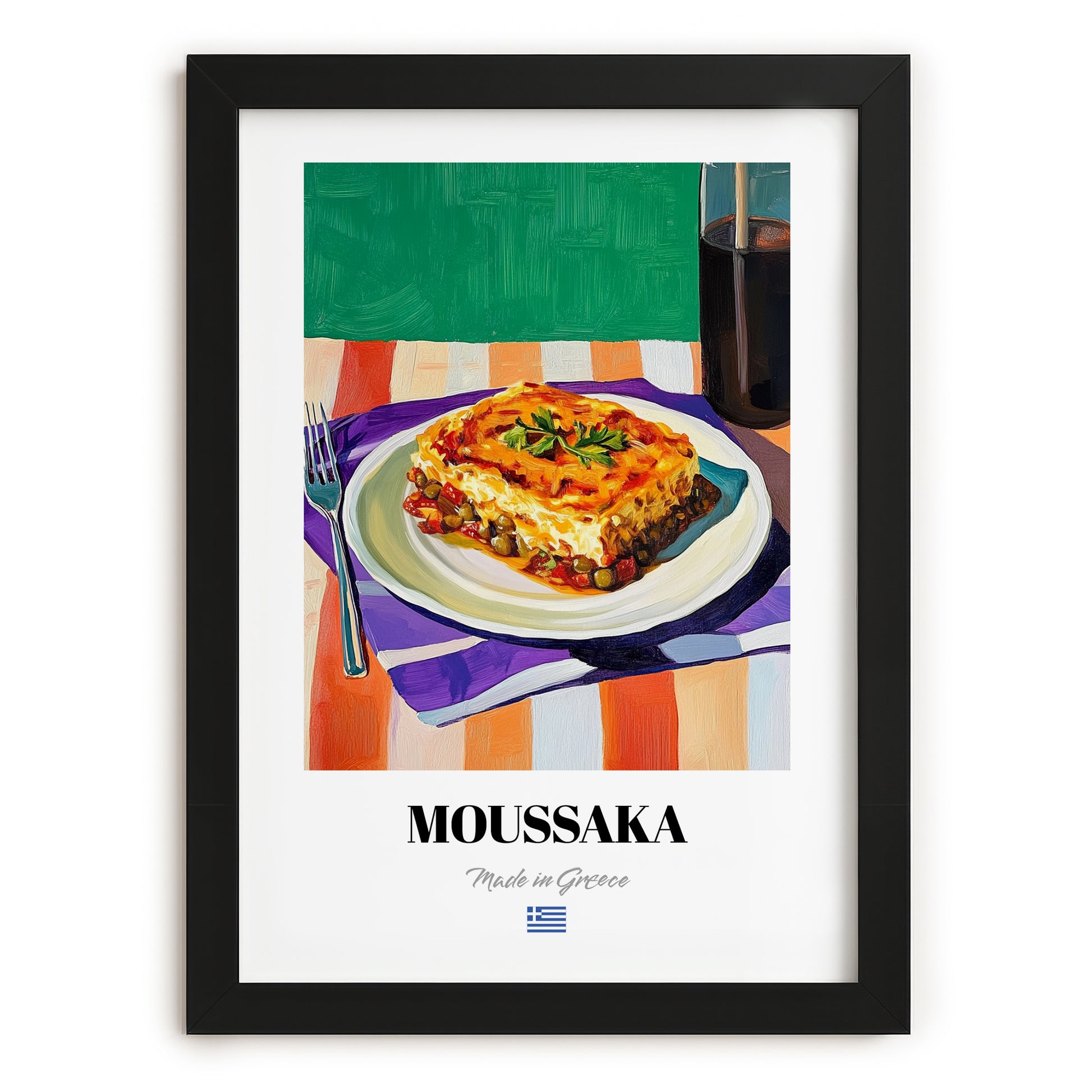 Moussaka – Oil Painting, Greek Food Painting, in sleek black frame