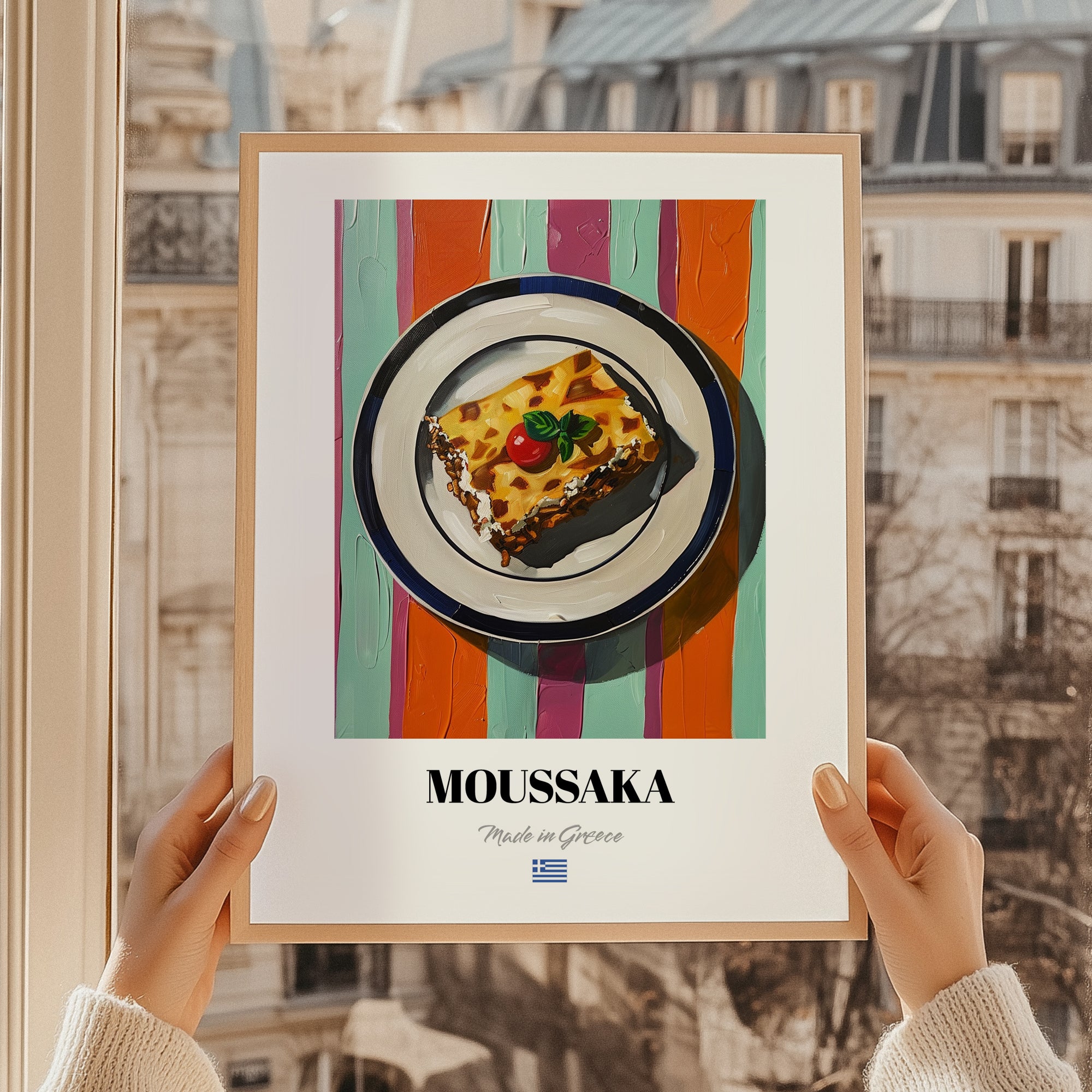 Moussaka – on Striped Tablecloth, Greek Food Still Life, styled in a charming Paris street view