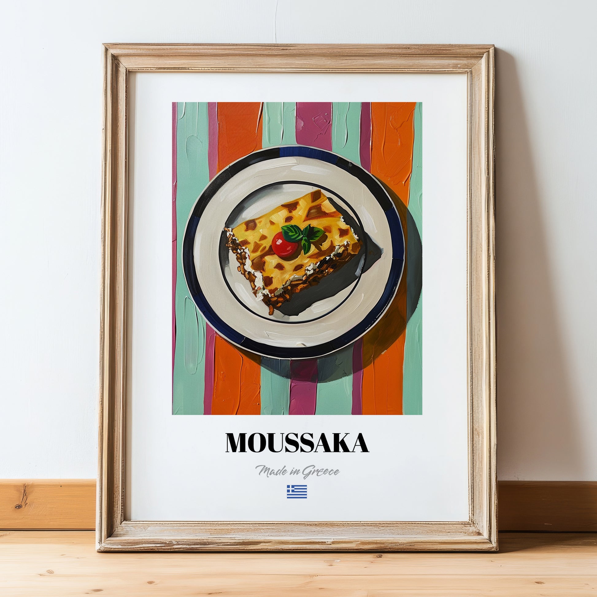 Moussaka – on Striped Tablecloth, Greek Food Still Life, in wooden frame leaning on the floor