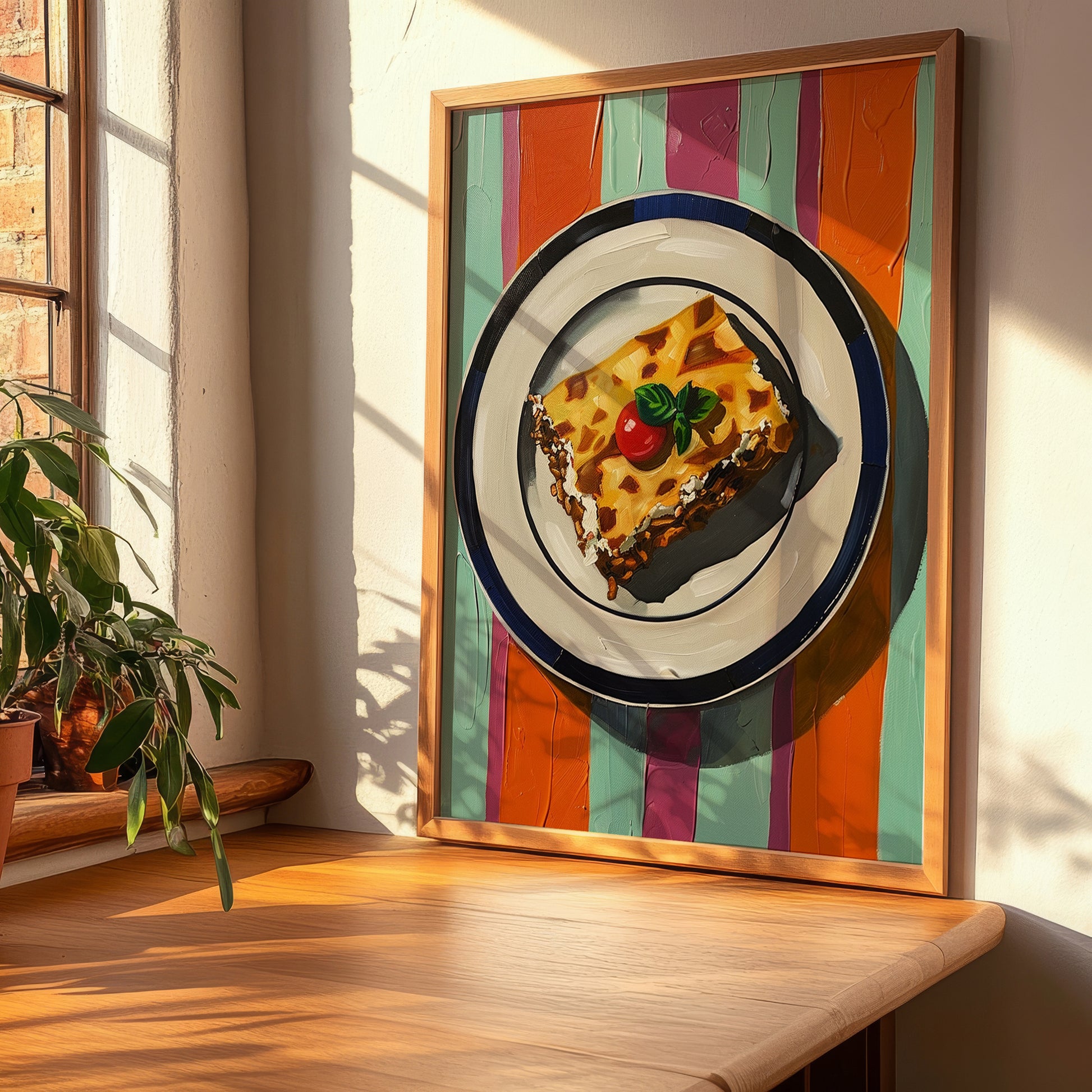 Moussaka – on Striped Tablecloth, Greek Food Still Life, clean layout with no caption