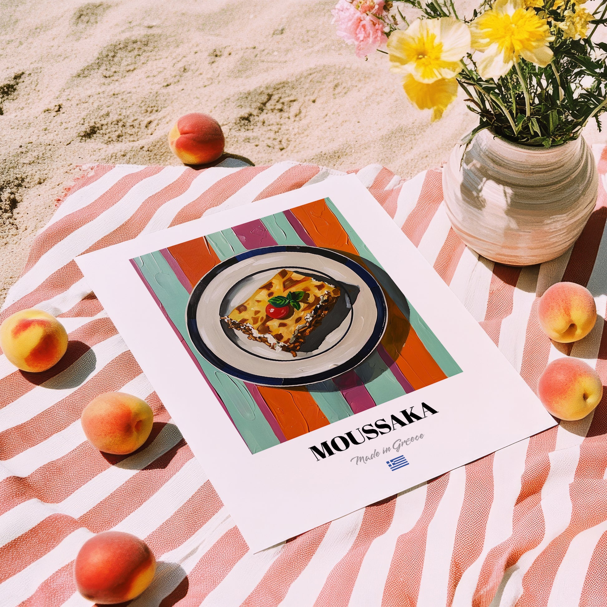 Moussaka – on Striped Tablecloth, Greek Food Still Life, unframed on coastal sand