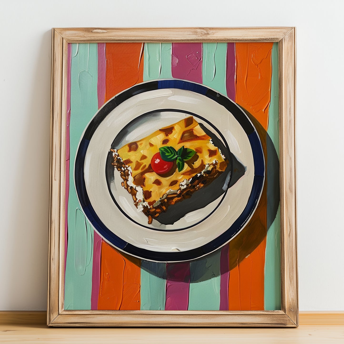 Moussaka – on Striped Tablecloth, Greek Food Still Life, no-text version framed in wood