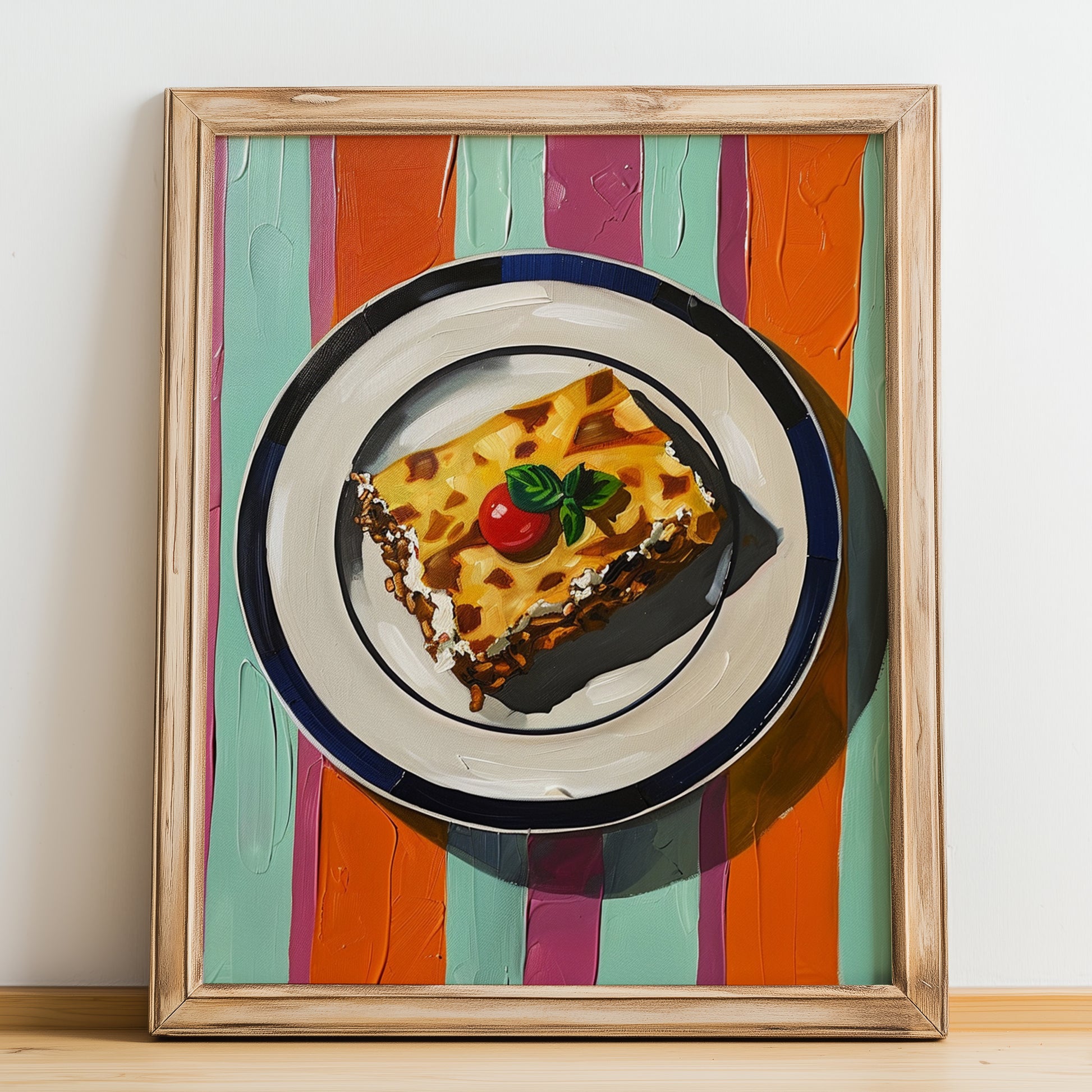 Moussaka – on Striped Tablecloth, Greek Food Still Life, no-text version framed in wood