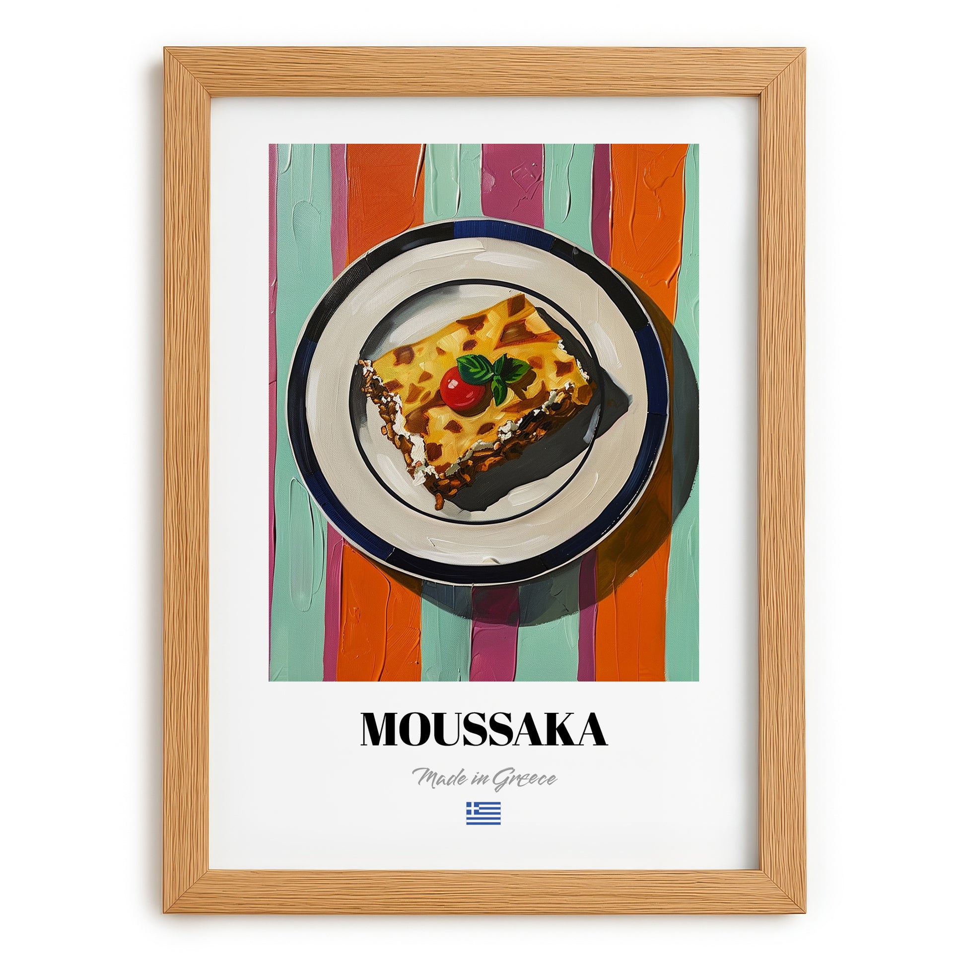Moussaka – on Striped Tablecloth, Greek Food Still Life, set in oak frame