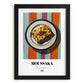 Moussaka – on Striped Tablecloth, Greek Food Still Life, in sleek black frame