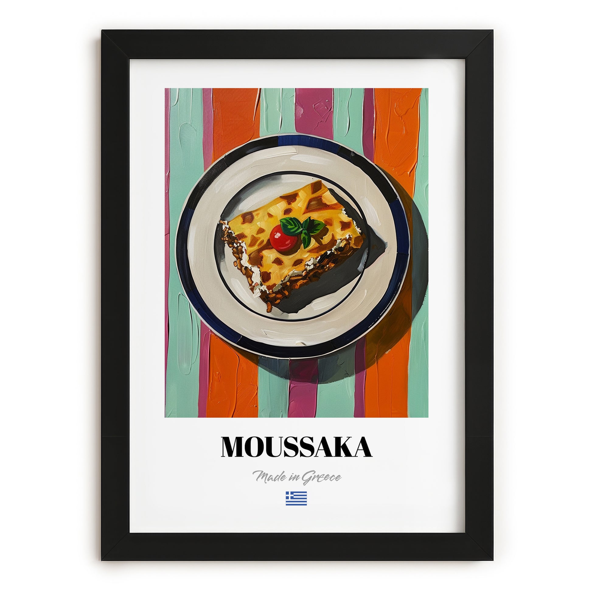 Moussaka – on Striped Tablecloth, Greek Food Still Life, in sleek black frame
