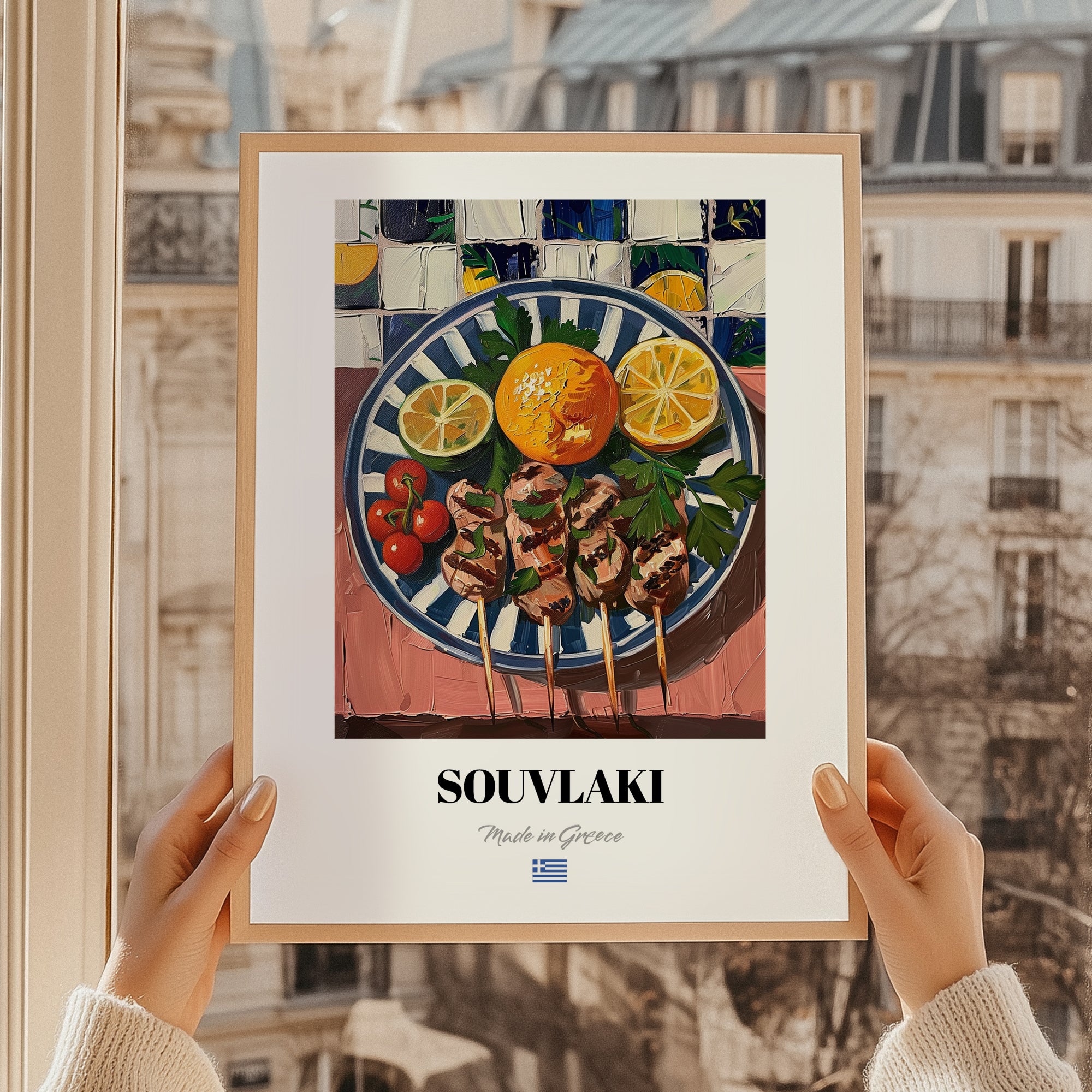 Souvlaki – Oil Painting, Greek Food Wall Decor, styled in a charming Paris street view