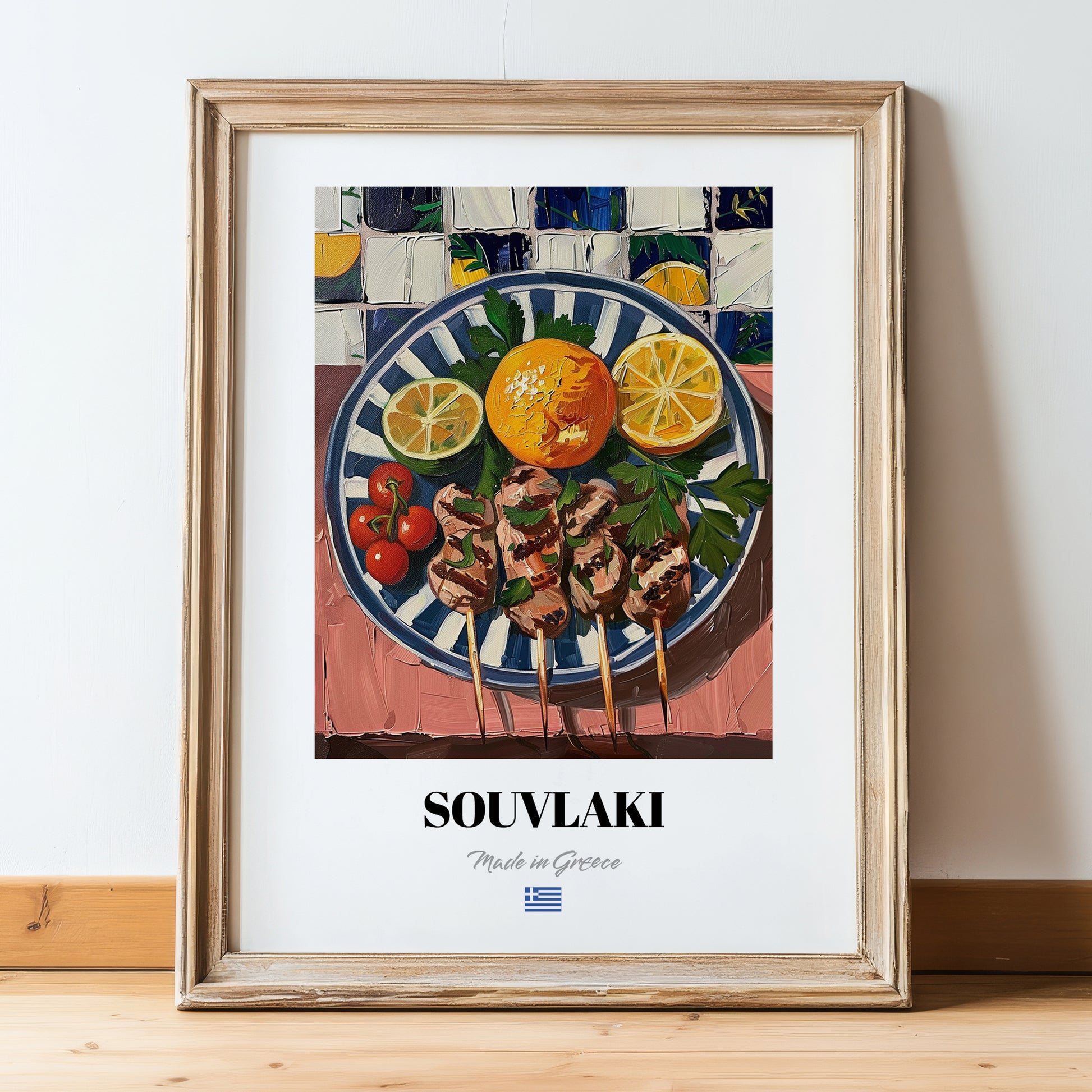 Souvlaki – Oil Painting, Greek Food Wall Decor, in wooden frame leaning on the floor