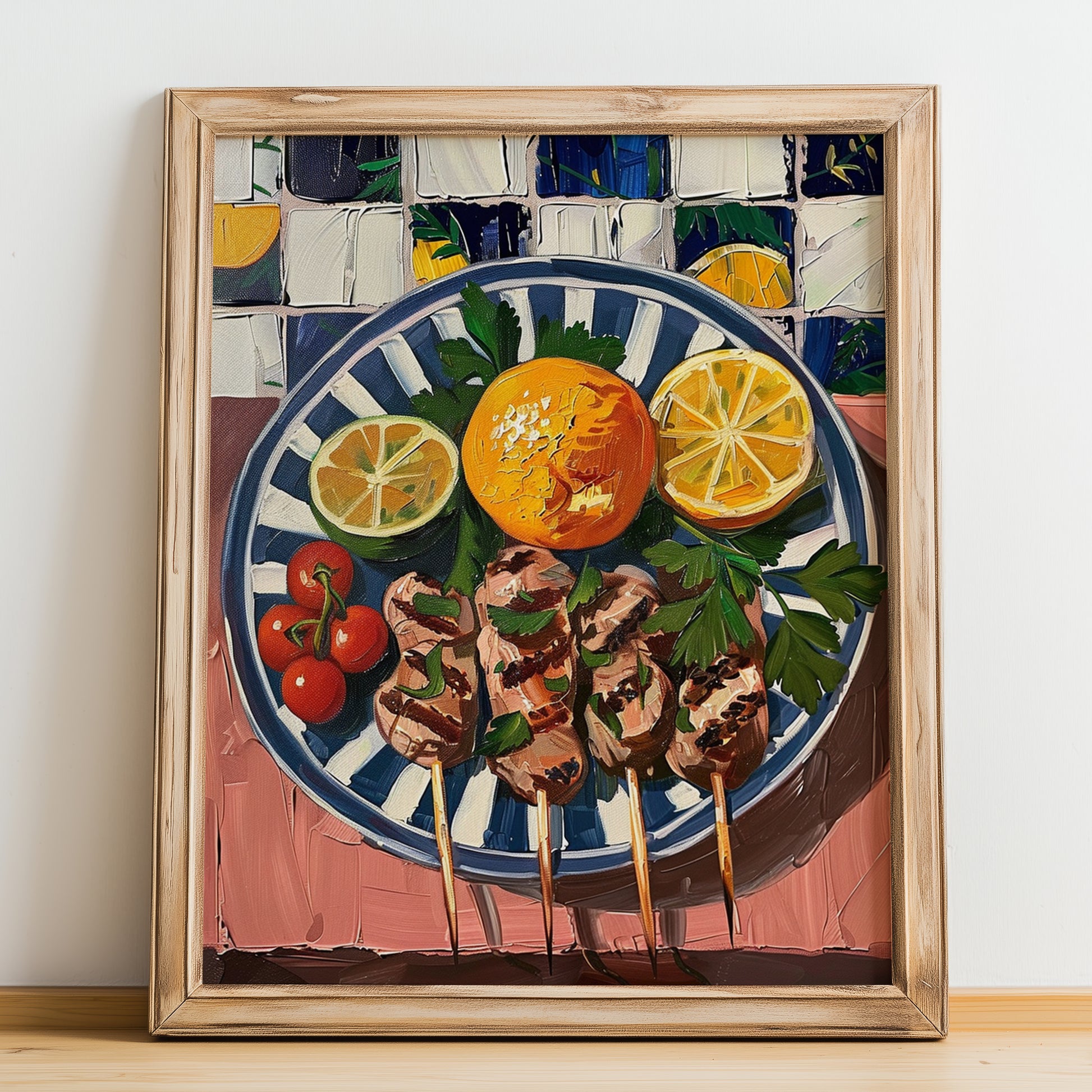 Souvlaki – Oil Painting, Greek Food Wall Decor, no-text version framed in wood